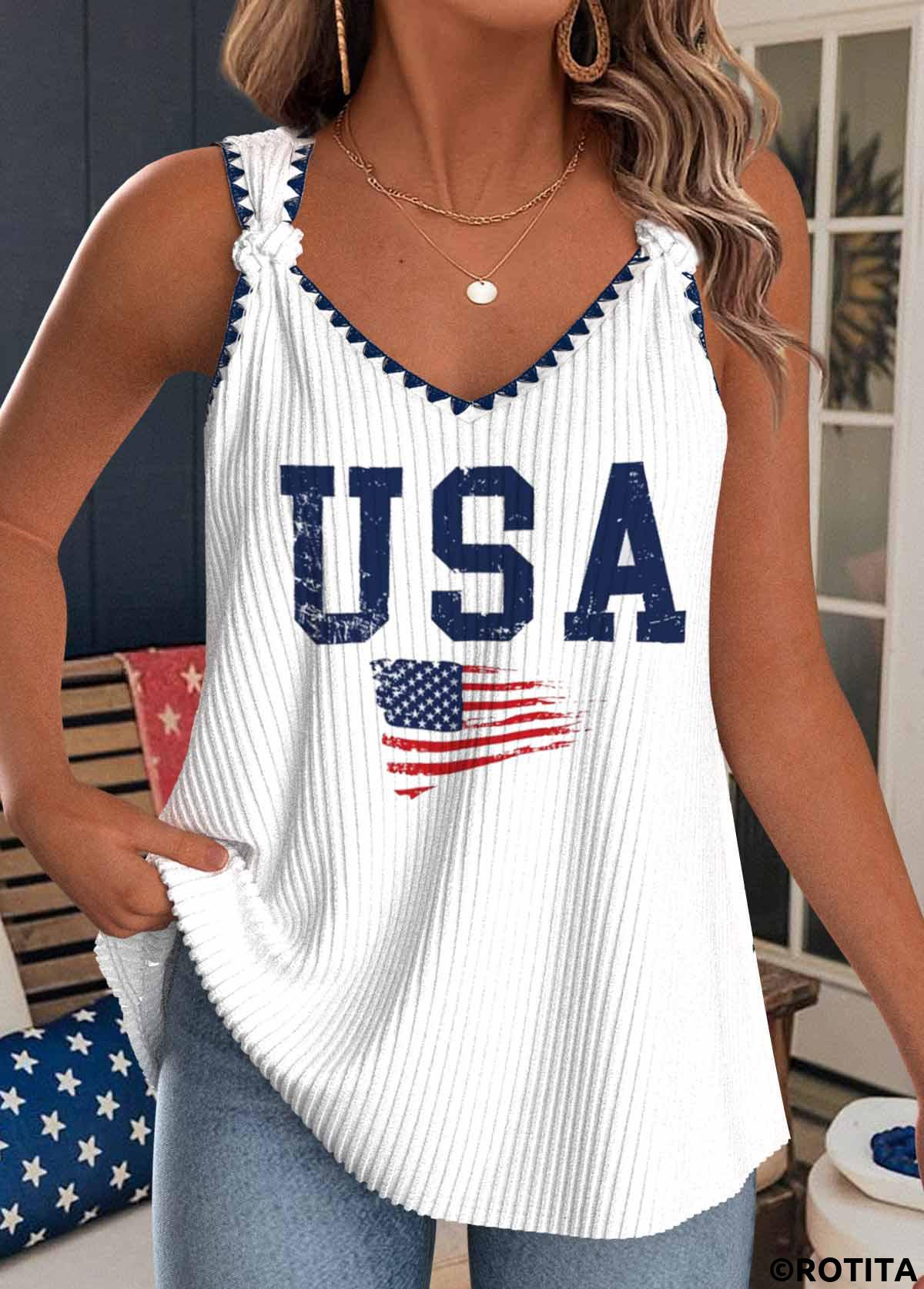 White tops,Flag tops,ROTITA American Flag Print White V Neck Strappy Tank Top