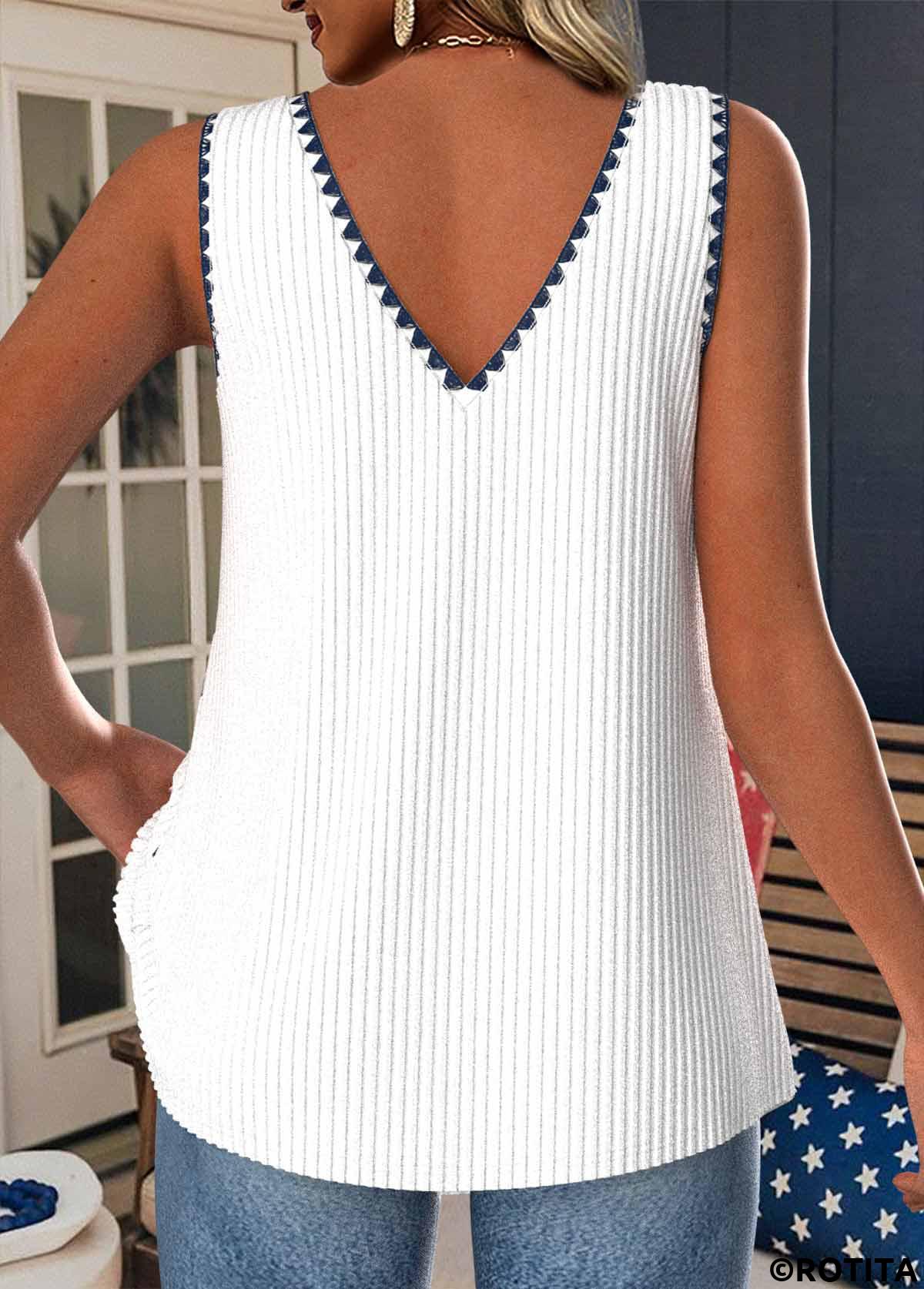 White tops,Flag tops,ROTITA American Flag Print White V Neck Strappy Tank Top