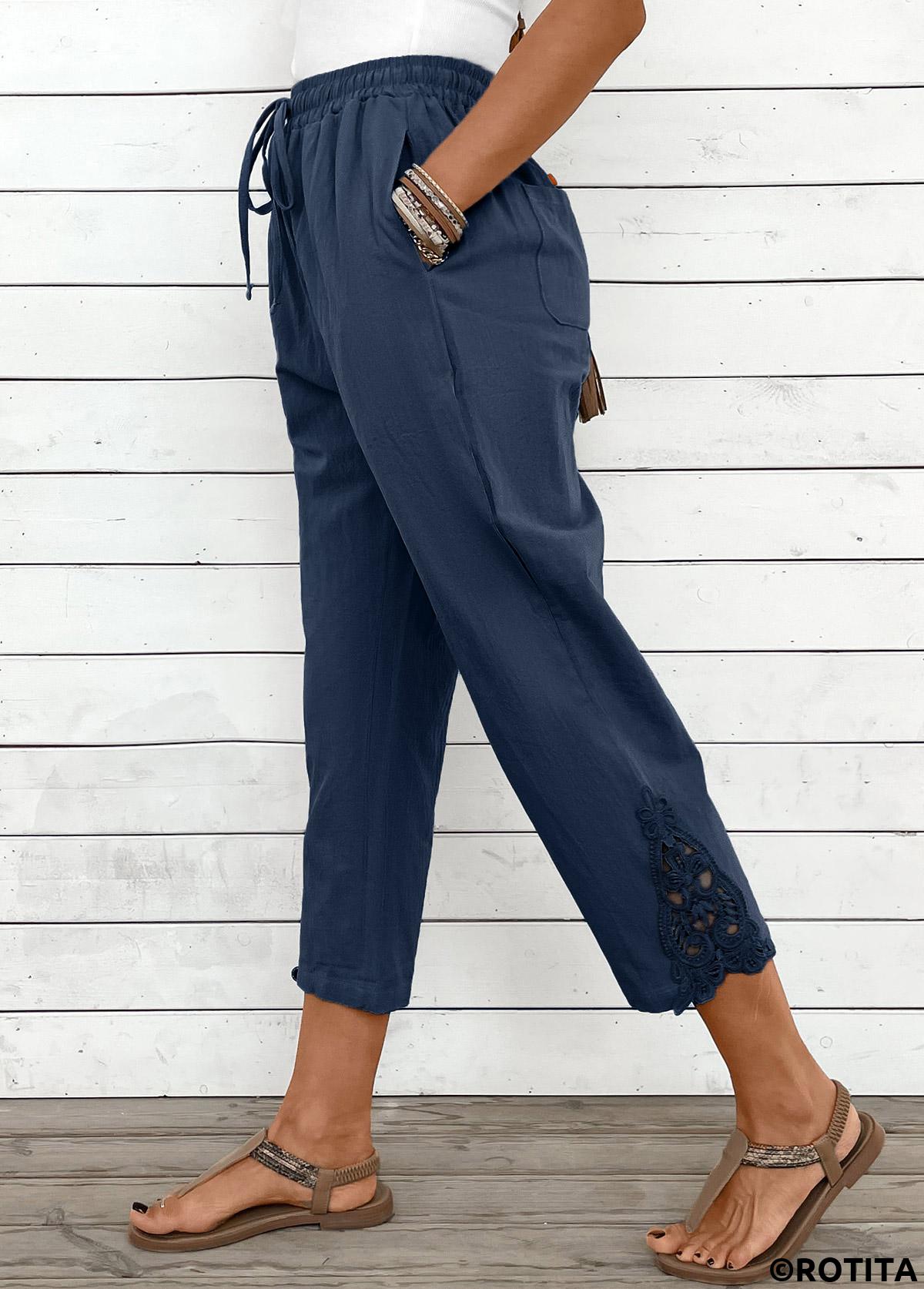 Navy bottoms,Plain Color bottoms,Navy Straight Leg Elastic Waist Mid Waisted Pants