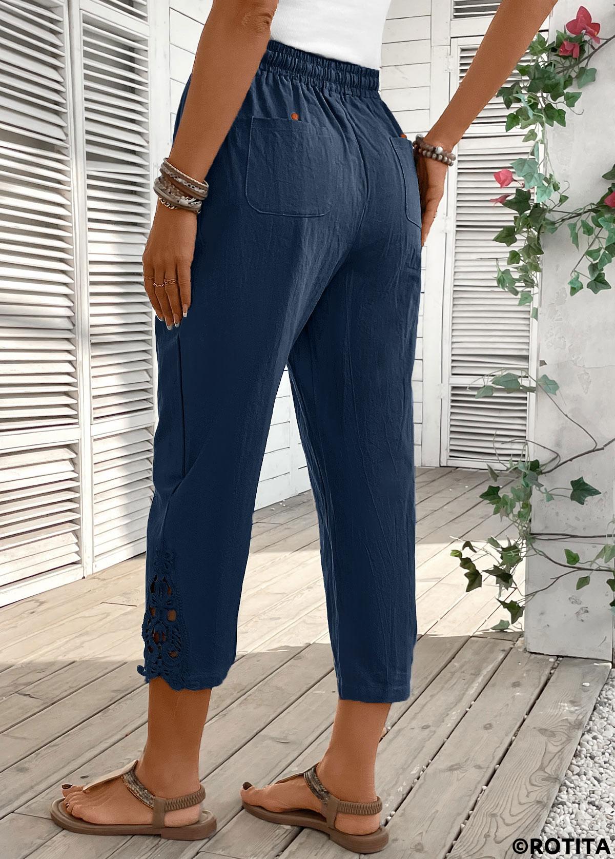 Navy bottoms,Plain Color bottoms,Navy Straight Leg Elastic Waist Mid Waisted Pants