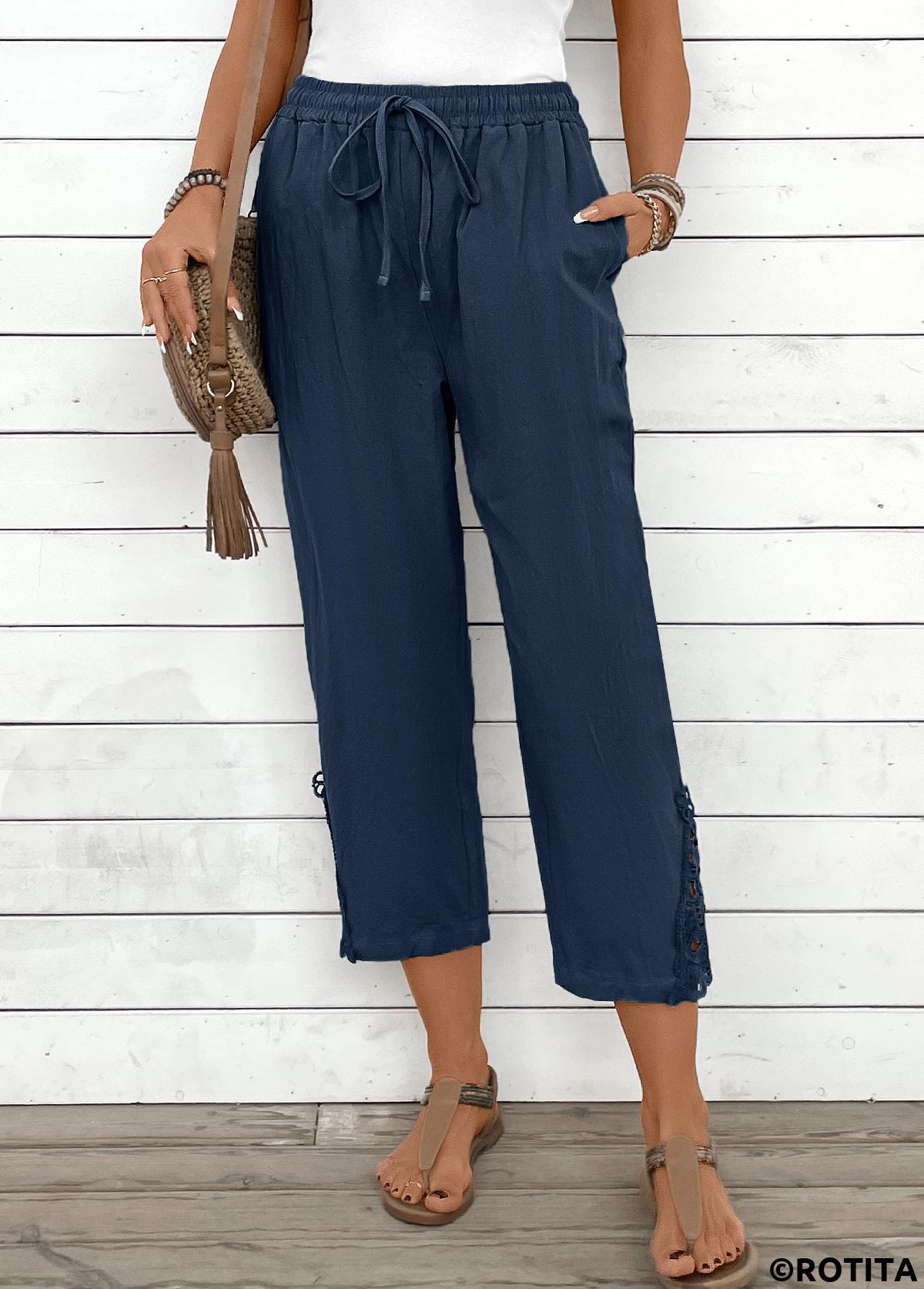 Navy bottoms,Plain Color bottoms,Navy Straight Leg Elastic Waist Mid Waisted Pants