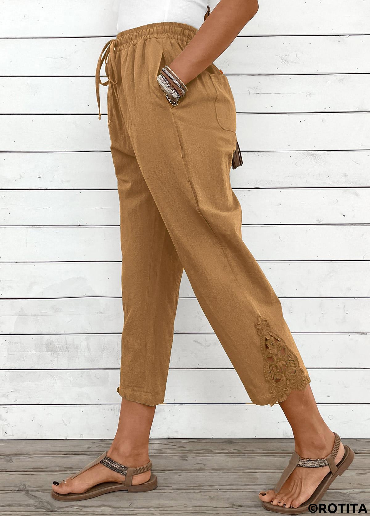 Light Camel bottoms,Plain Color bottoms,Light Camel Straight Leg Elastic Waist High Waisted Pants