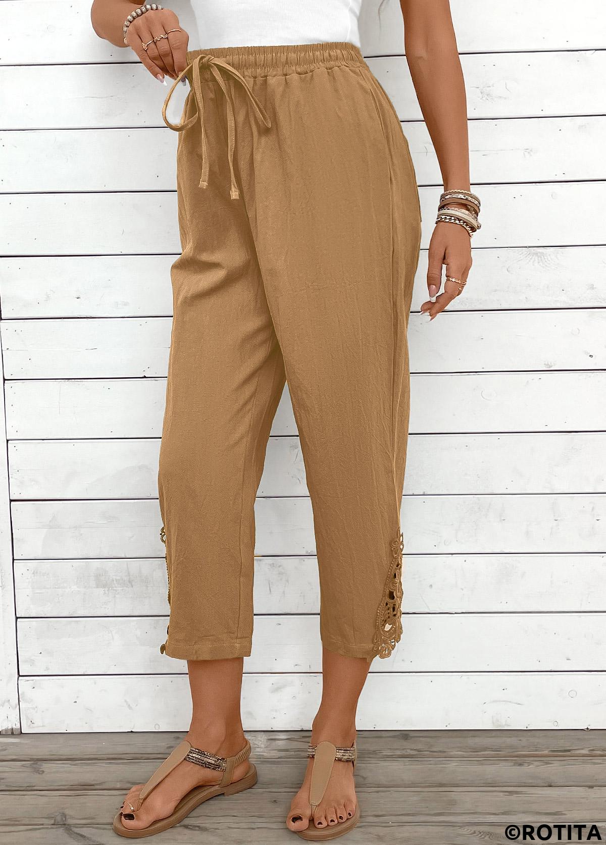 Light Camel bottoms,Plain Color bottoms,Light Camel Straight Leg Elastic Waist High Waisted Pants