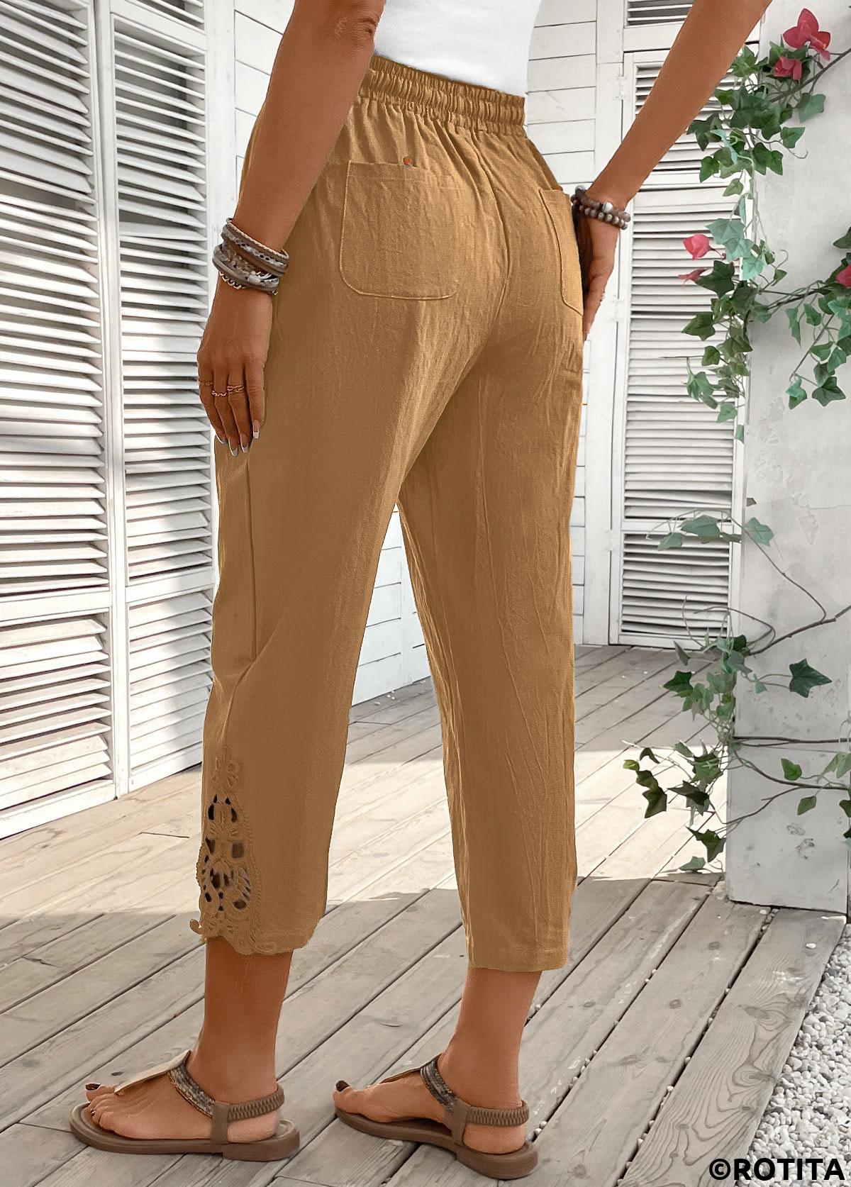 Light Camel bottoms,Plain Color bottoms,Light Camel Straight Leg Elastic Waist High Waisted Pants