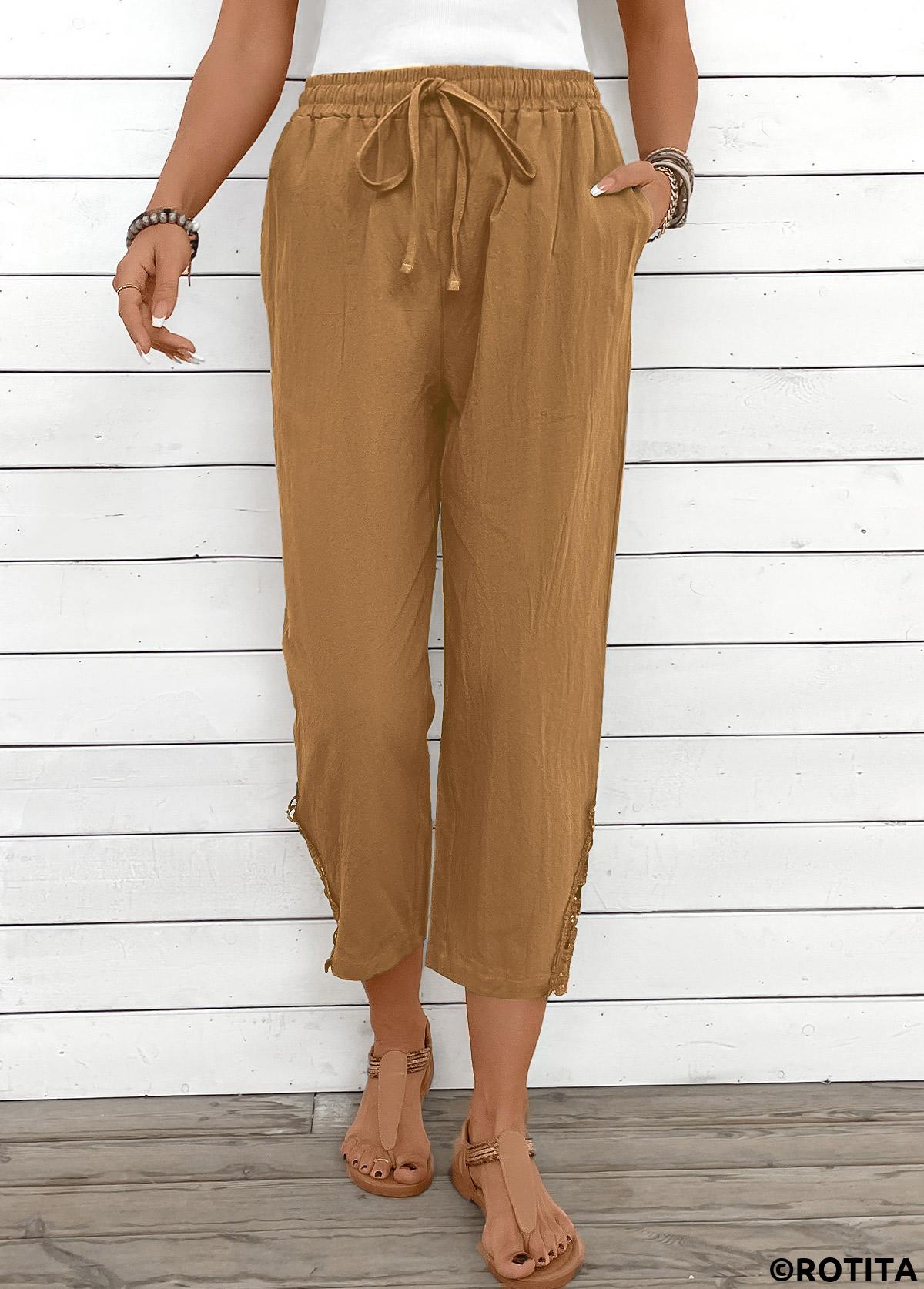Light Camel bottoms,Plain Color bottoms,Light Camel Straight Leg Elastic Waist High Waisted Pants