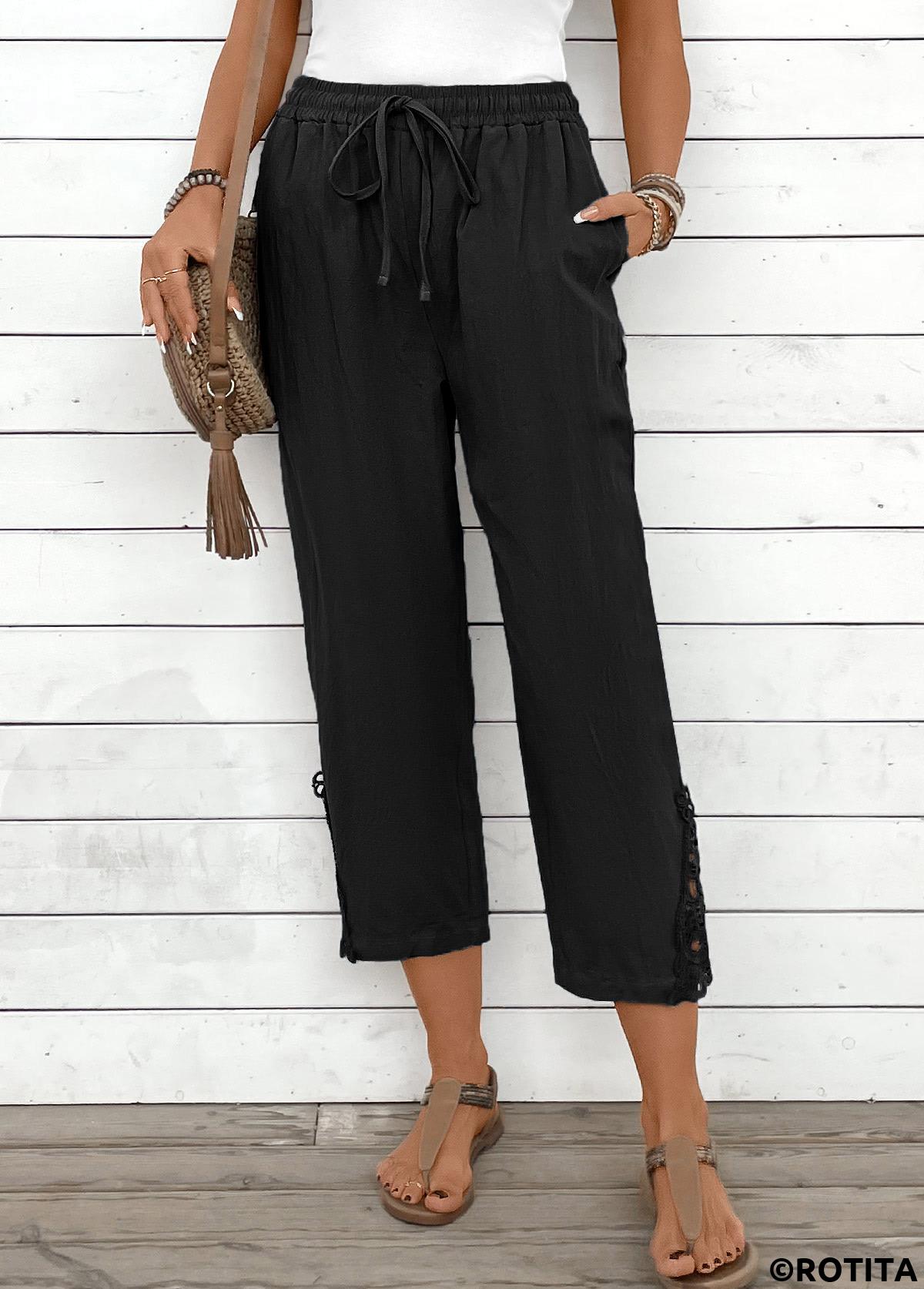 Black bottoms,Plain Color bottoms,Black Straight Leg Elastic Waist High Waisted Pants