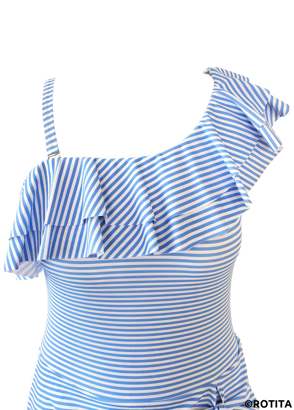 Light Blue swimwear,Striped swimwear,Geometric swimwear,ROTITA Light Blue Ruffle One Shoulder One Piece Swimdress