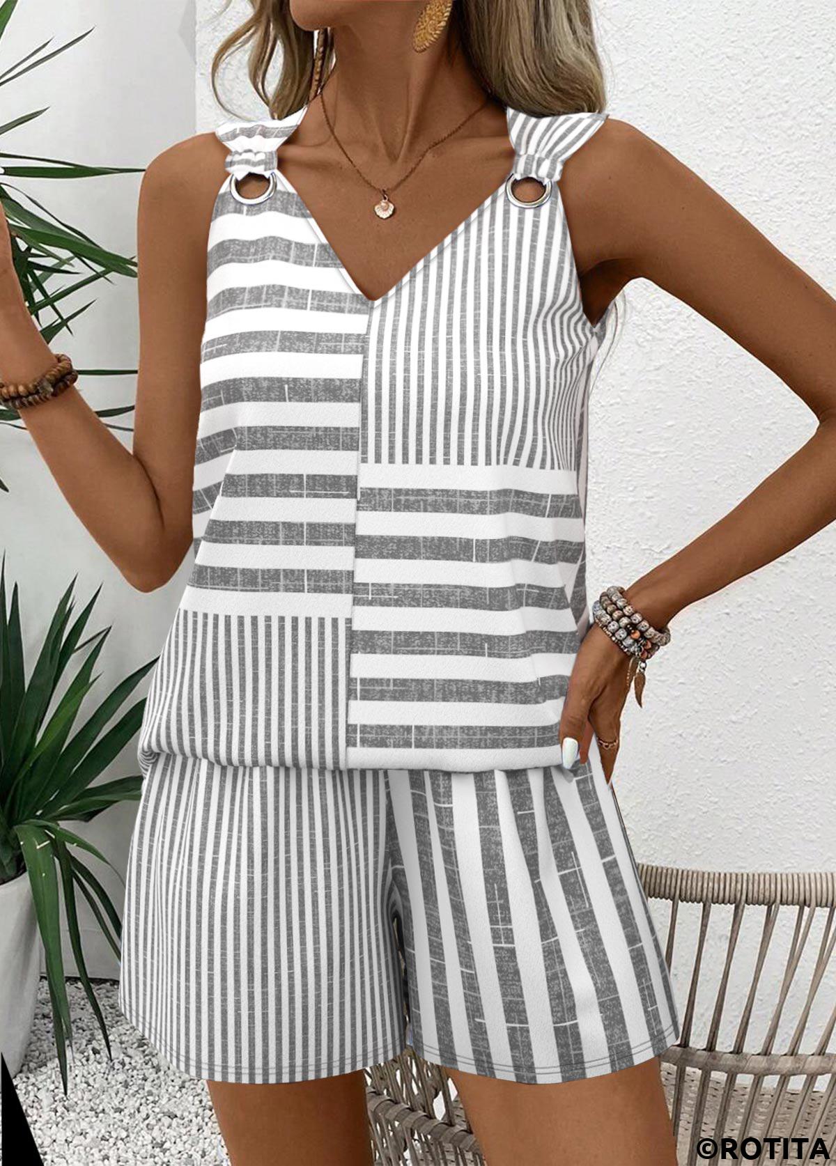Grey tops,Striped tops,Geometric tops,ROTITA Striped Grey V Neck Sleeveless Tank Top and Shorts