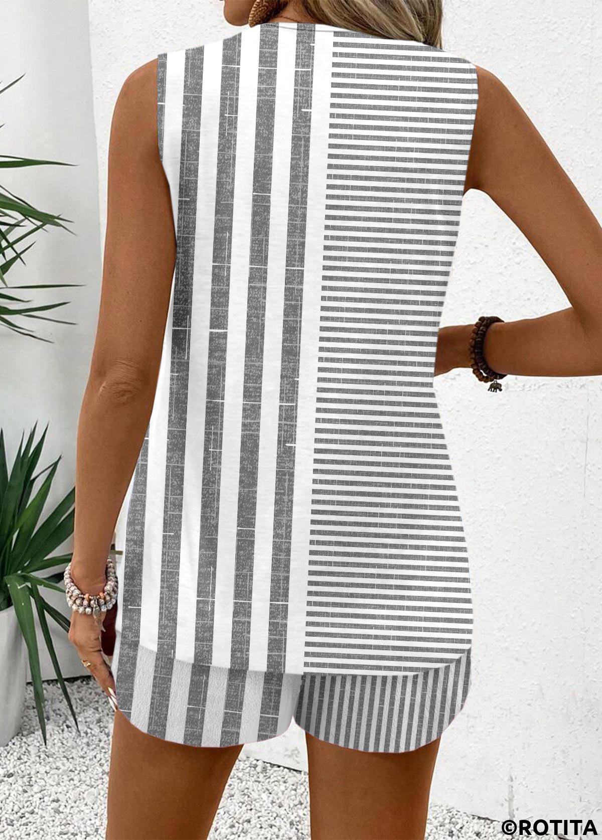 Grey tops,Striped tops,Geometric tops,ROTITA Striped Grey V Neck Sleeveless Tank Top and Shorts