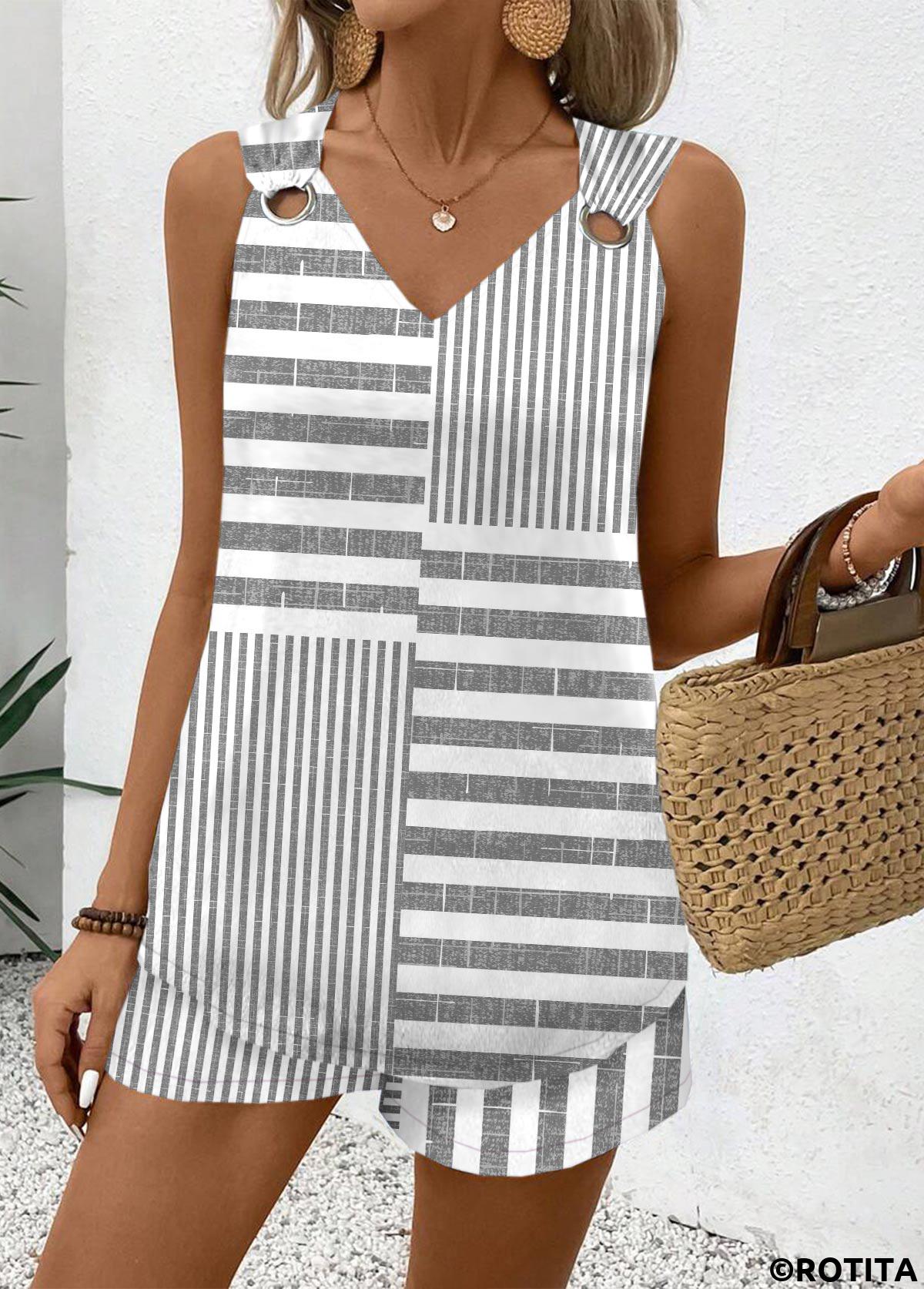 Grey tops,Striped tops,Geometric tops,ROTITA Striped Grey V Neck Sleeveless Tank Top and Shorts