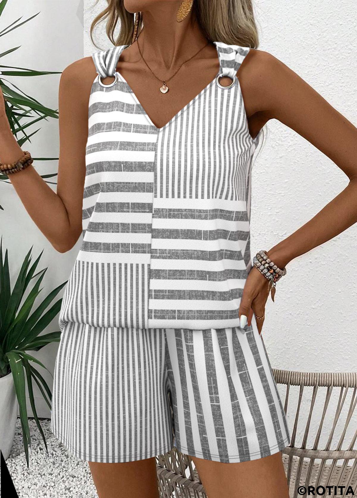 Grey tops,Striped tops,Geometric tops,ROTITA Striped Grey V Neck Sleeveless Tank Top and Shorts