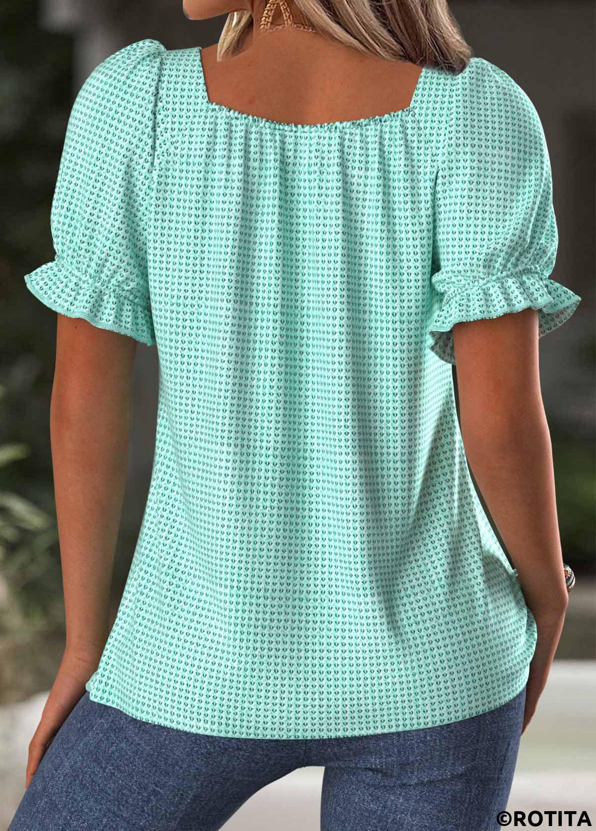 Mint Green tops,Plain Color tops,ROTITA Mint Green Square Neck Short Sleeve T Shirt