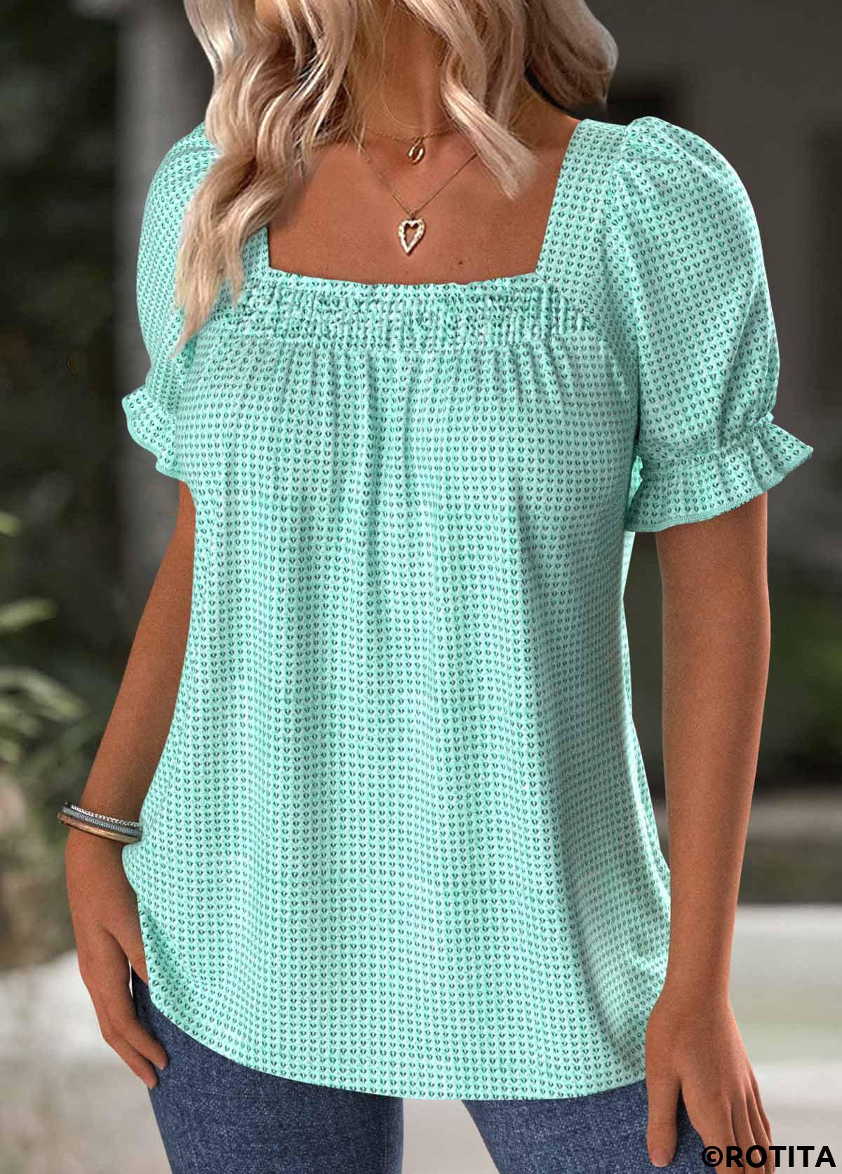 Mint Green tops,Plain Color tops,ROTITA Mint Green Square Neck Short Sleeve T Shirt