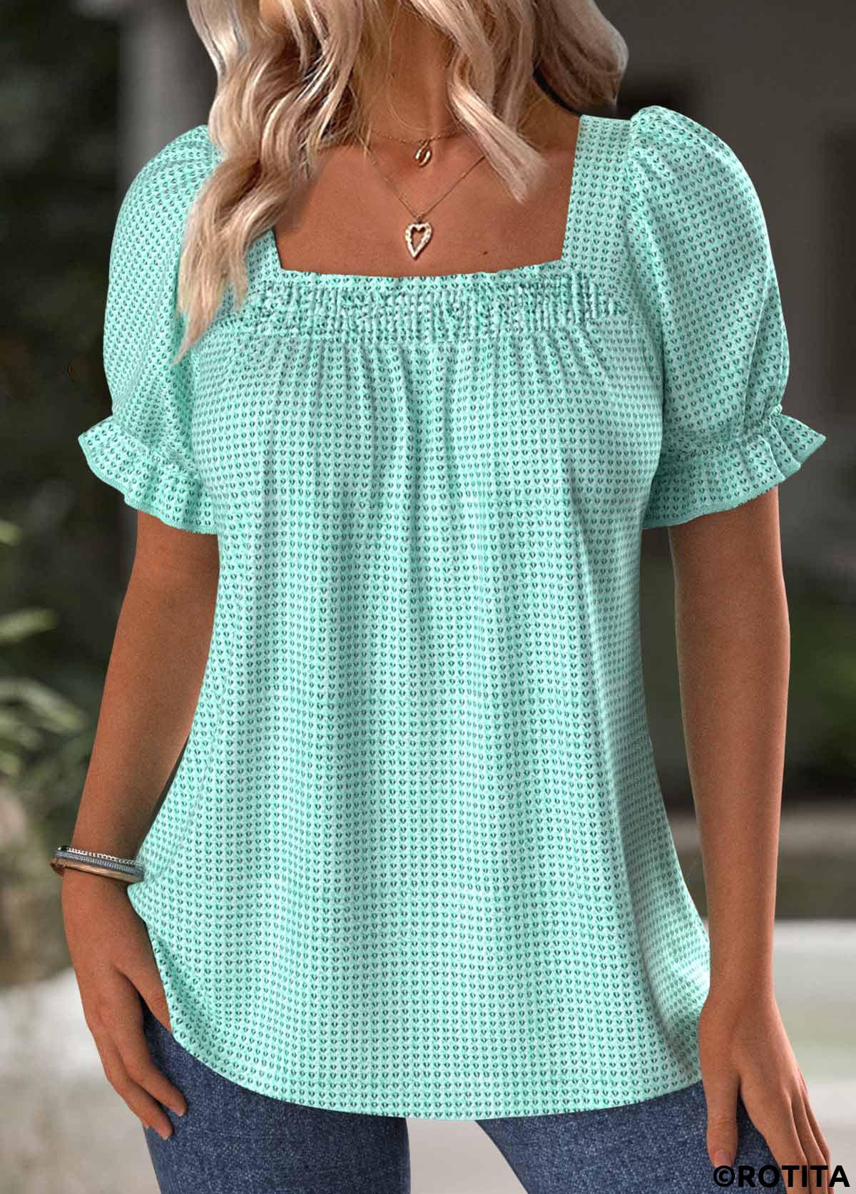 Mint Green tops,Plain Color tops,ROTITA Mint Green Square Neck Short Sleeve T Shirt