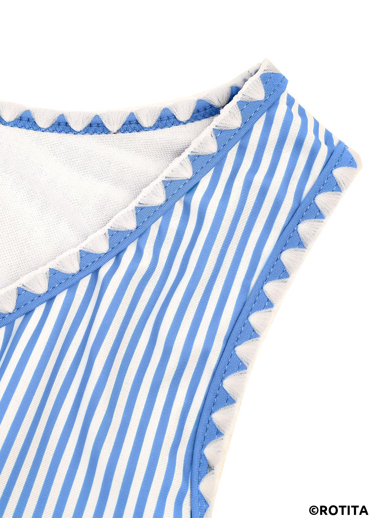 Blue swimwear,Striped swimwear,Geometric swimwear,ROTITA Blue Striped High Waisted Bikini Set