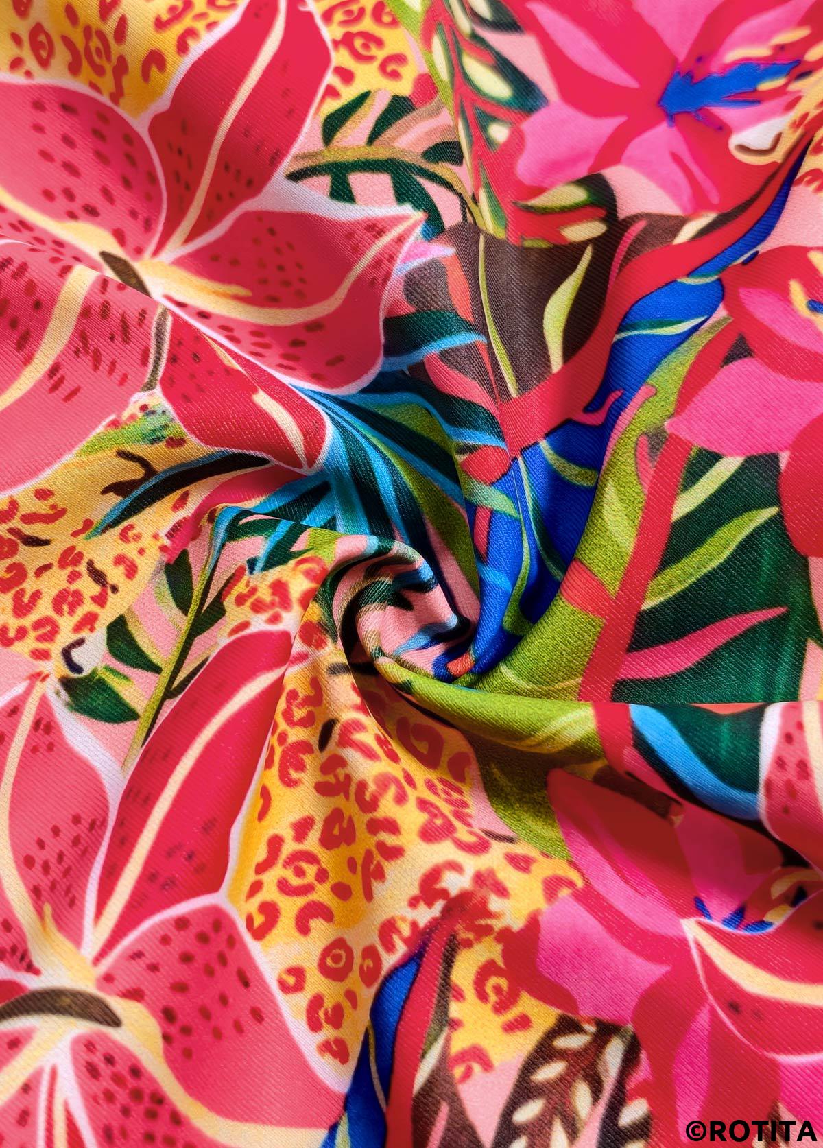 Multi Color swimwear,Plants swimwear,ROTITA Pink Tropical Plants Print Mid Waisted Bikini Set
