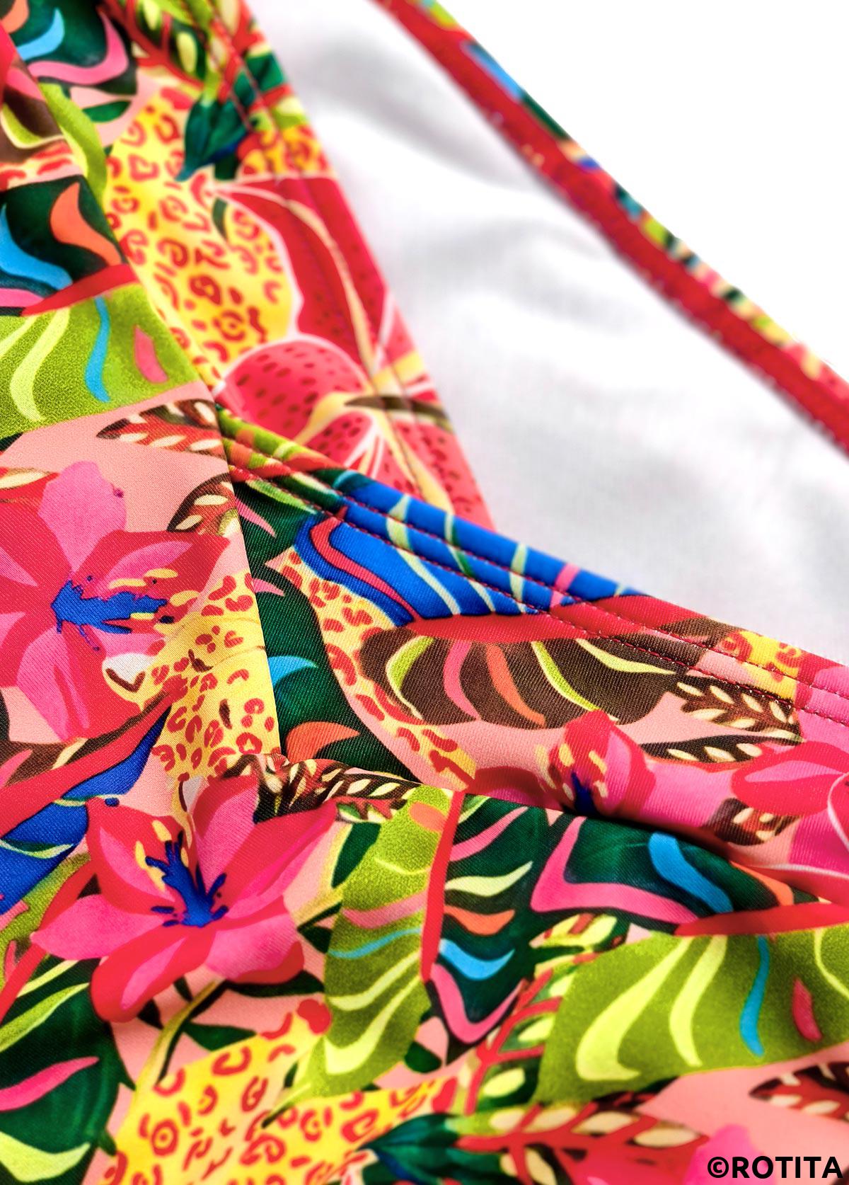 Multi Color swimwear,Plants swimwear,ROTITA Pink Tropical Plants Print Mid Waisted Bikini Set
