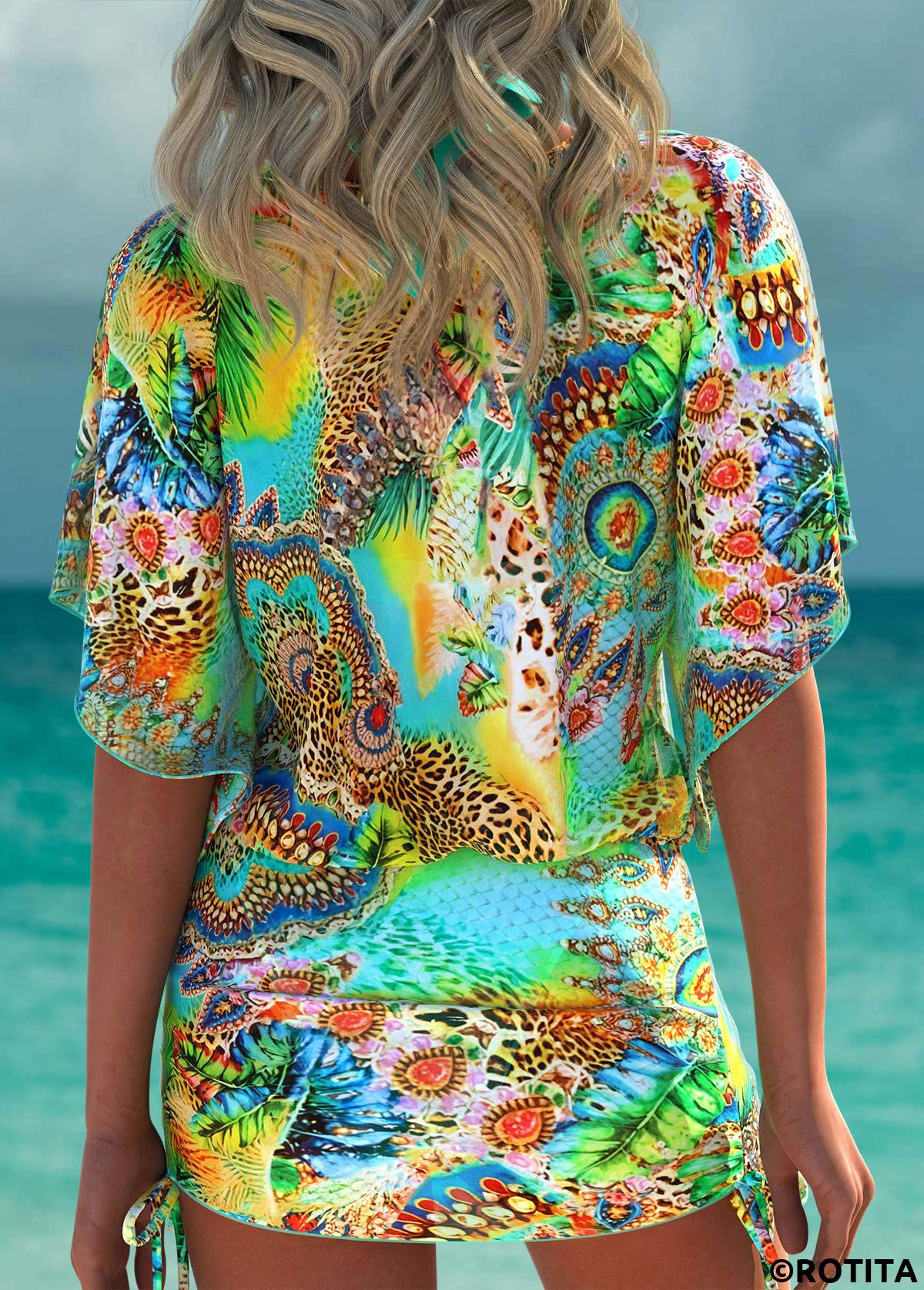 Green swimwear,Plants swimwear,ROTITA Green Tropical Plants Print Cover Up