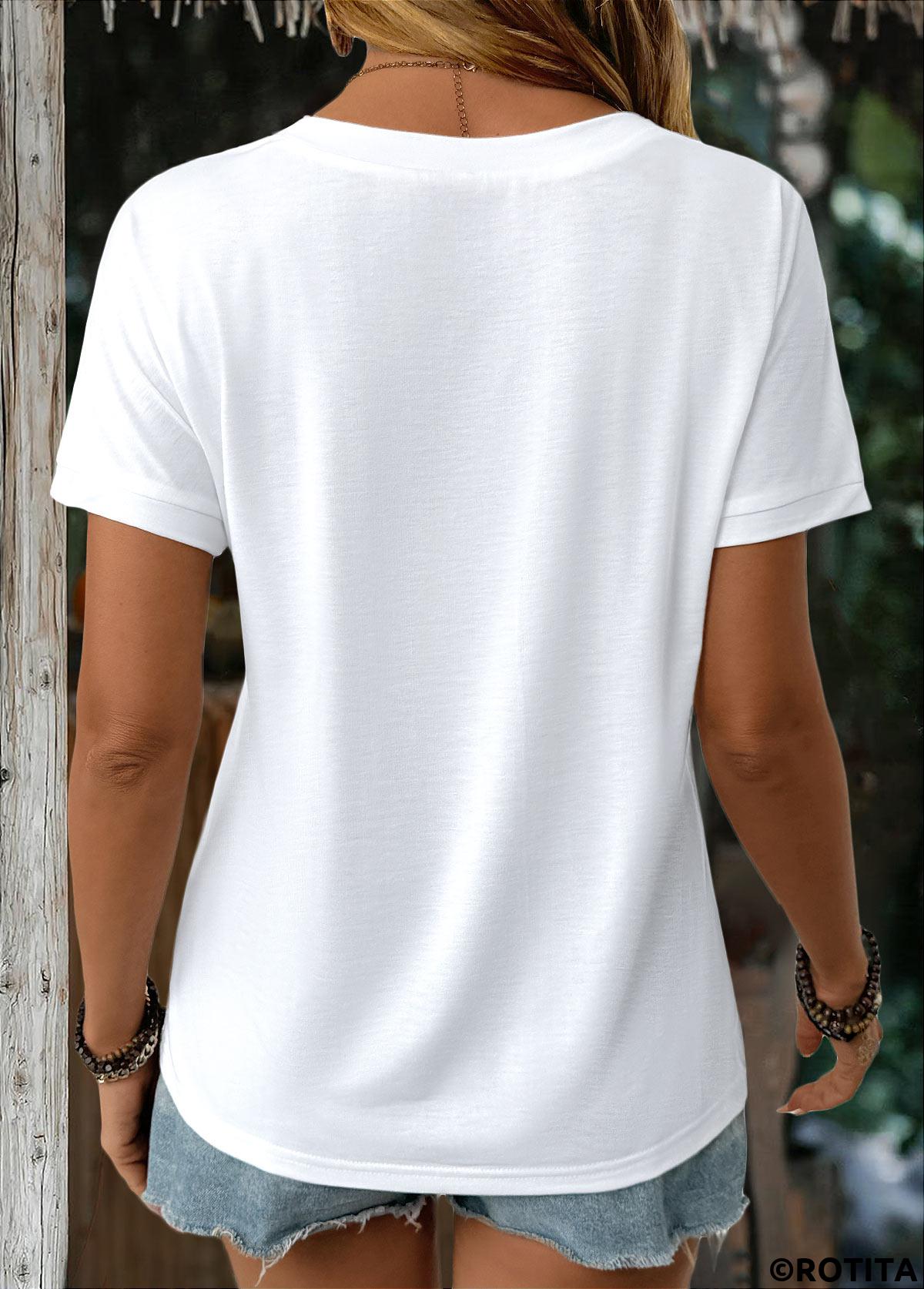 White tops,Plain Color tops,ROTITA White V Neck Short Sleeve T Shirt