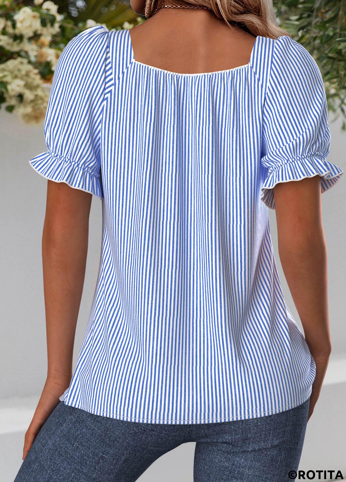 Blue tops,Striped tops,Geometric tops,ROTITA Striped Blue Square Neck Short Sleeve Blouse