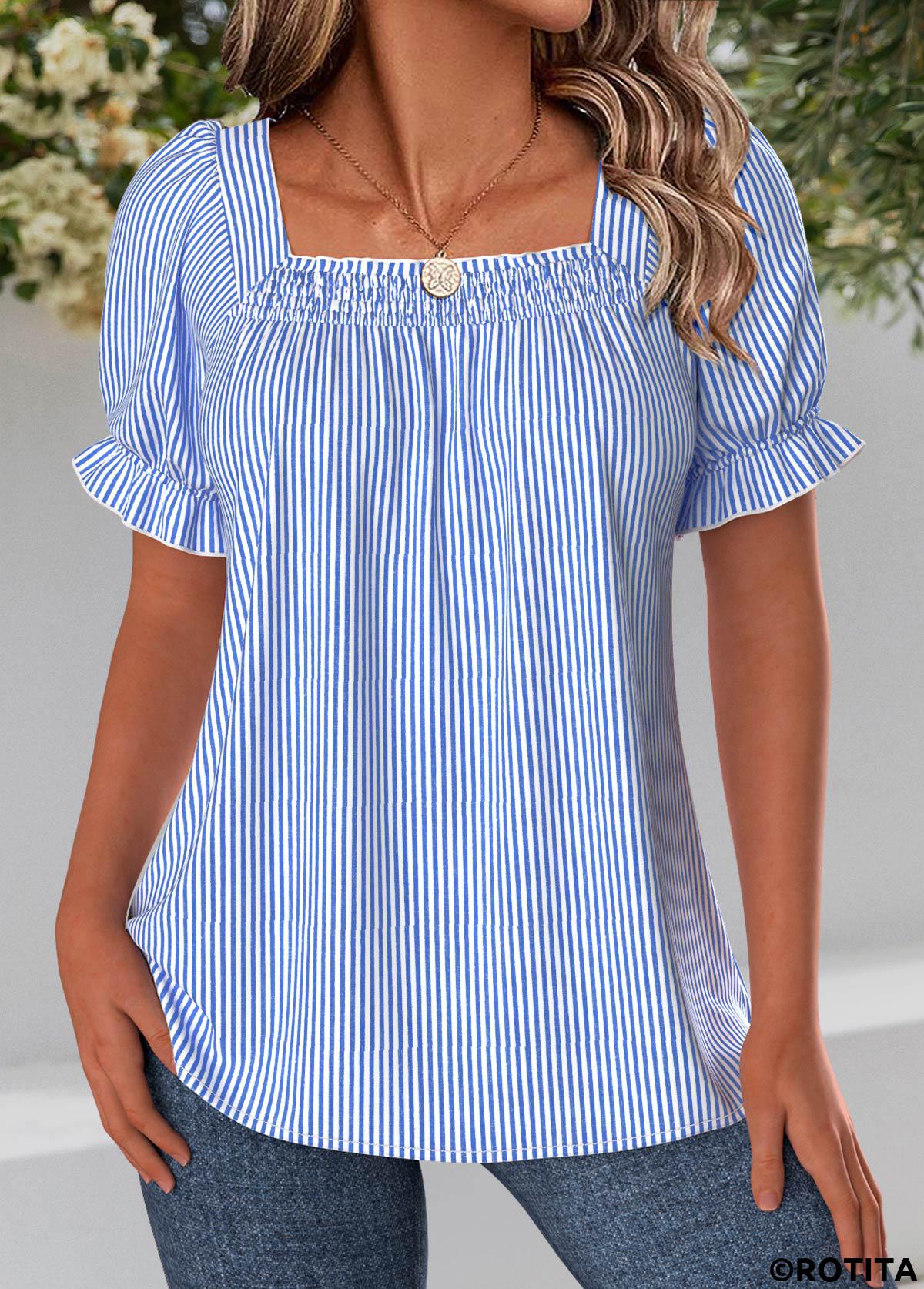Blue tops,Striped tops,Geometric tops,ROTITA Striped Blue Square Neck Short Sleeve Blouse