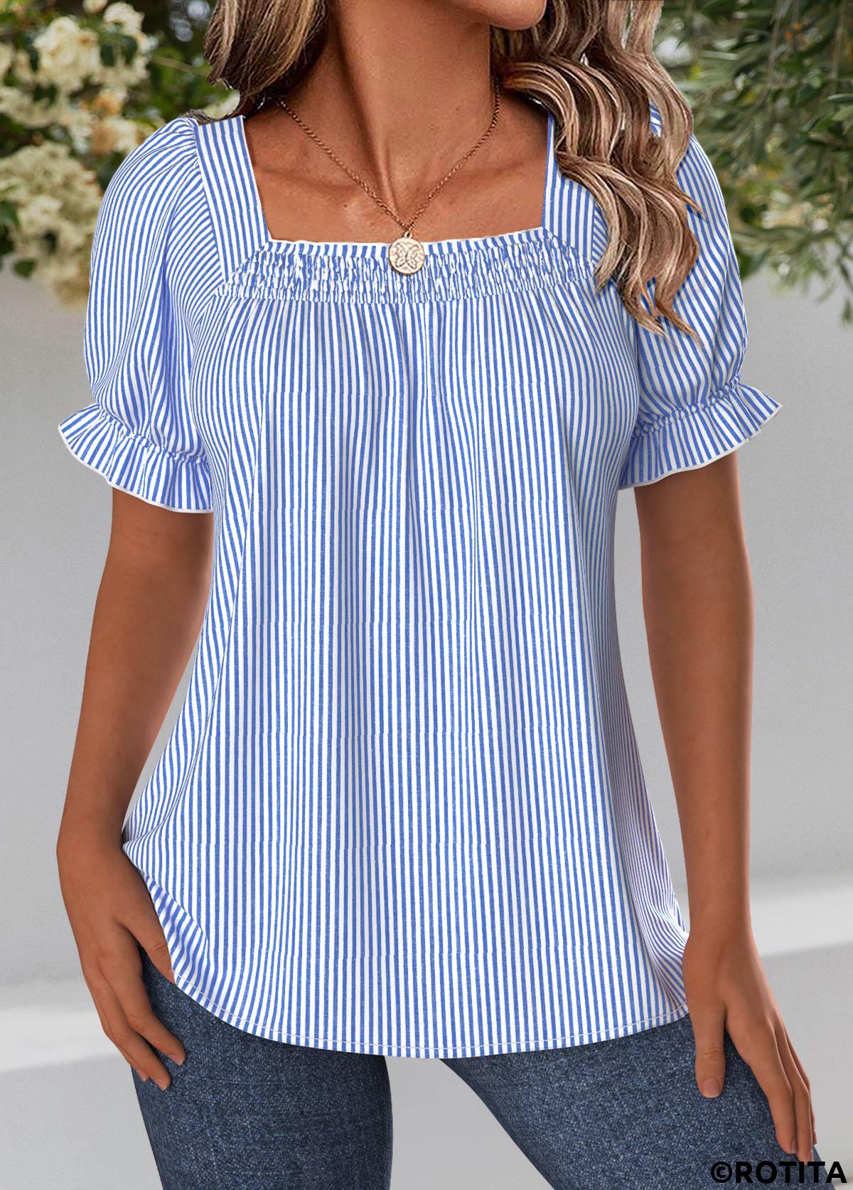 Blue tops,Striped tops,Geometric tops,ROTITA Striped Blue Square Neck Short Sleeve Blouse