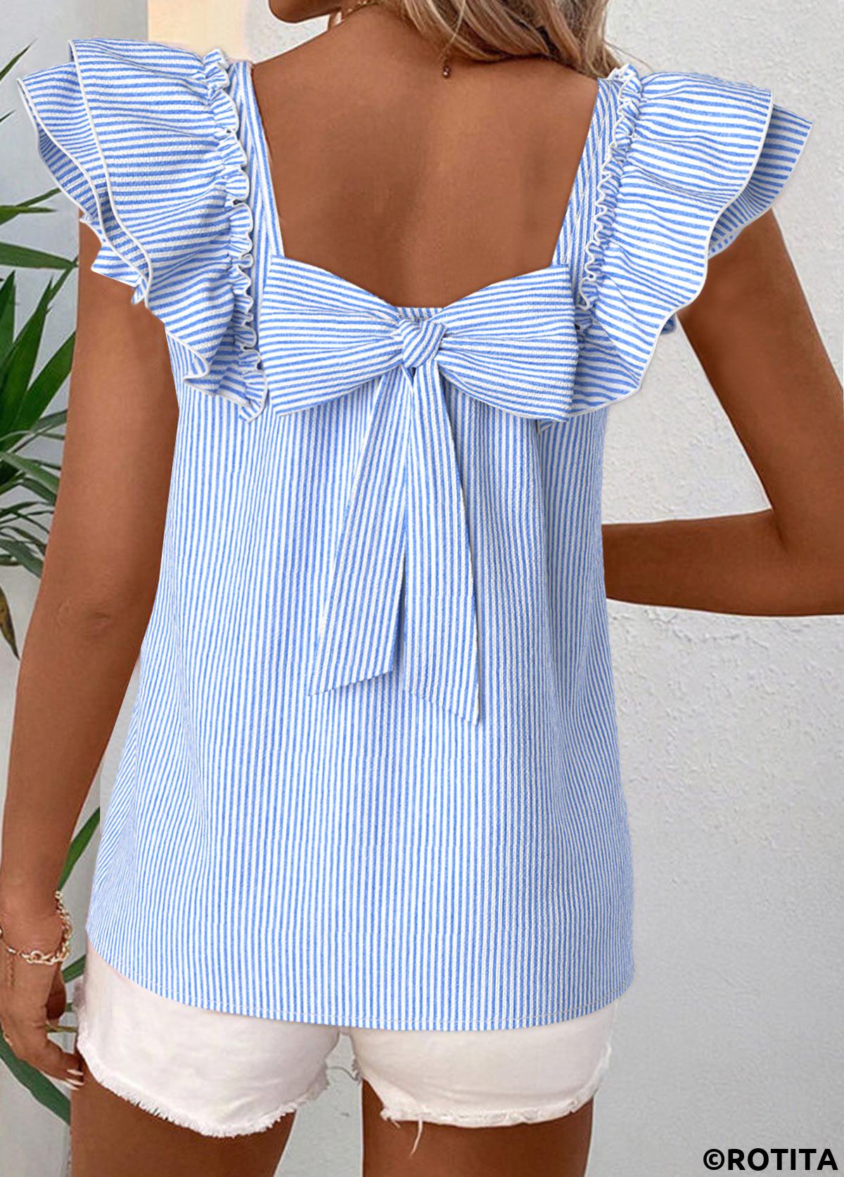 Blue tops,Striped tops,Geometric tops,ROTITA Striped Blue Square Neck Short Sleeve T Shirt
