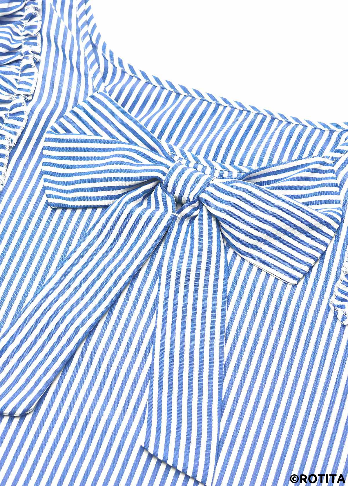 Blue tops,Striped tops,Geometric tops,ROTITA Striped Blue Square Neck Short Sleeve T Shirt