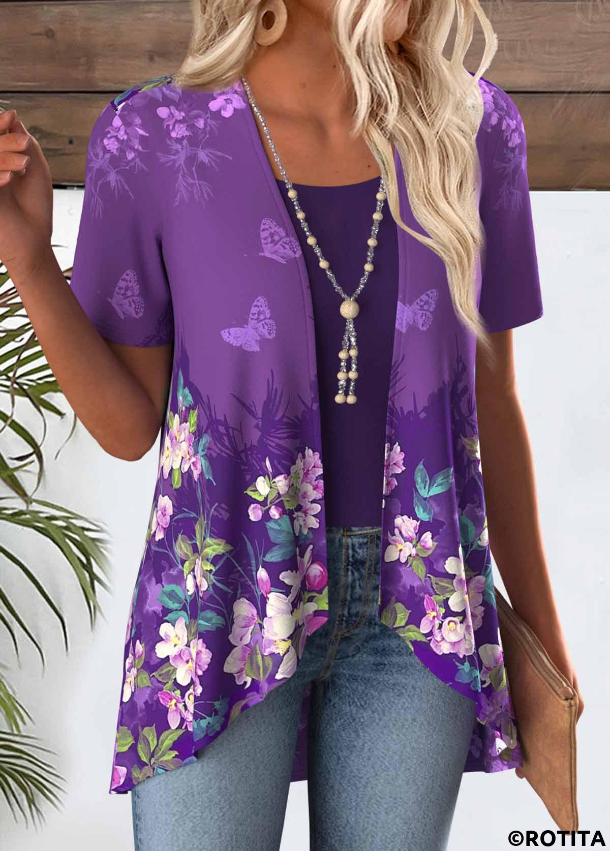 Purple tops,Ombre tops,ROTITA Ombre Purple Short Sleeve Fake Two Piece Twinset
