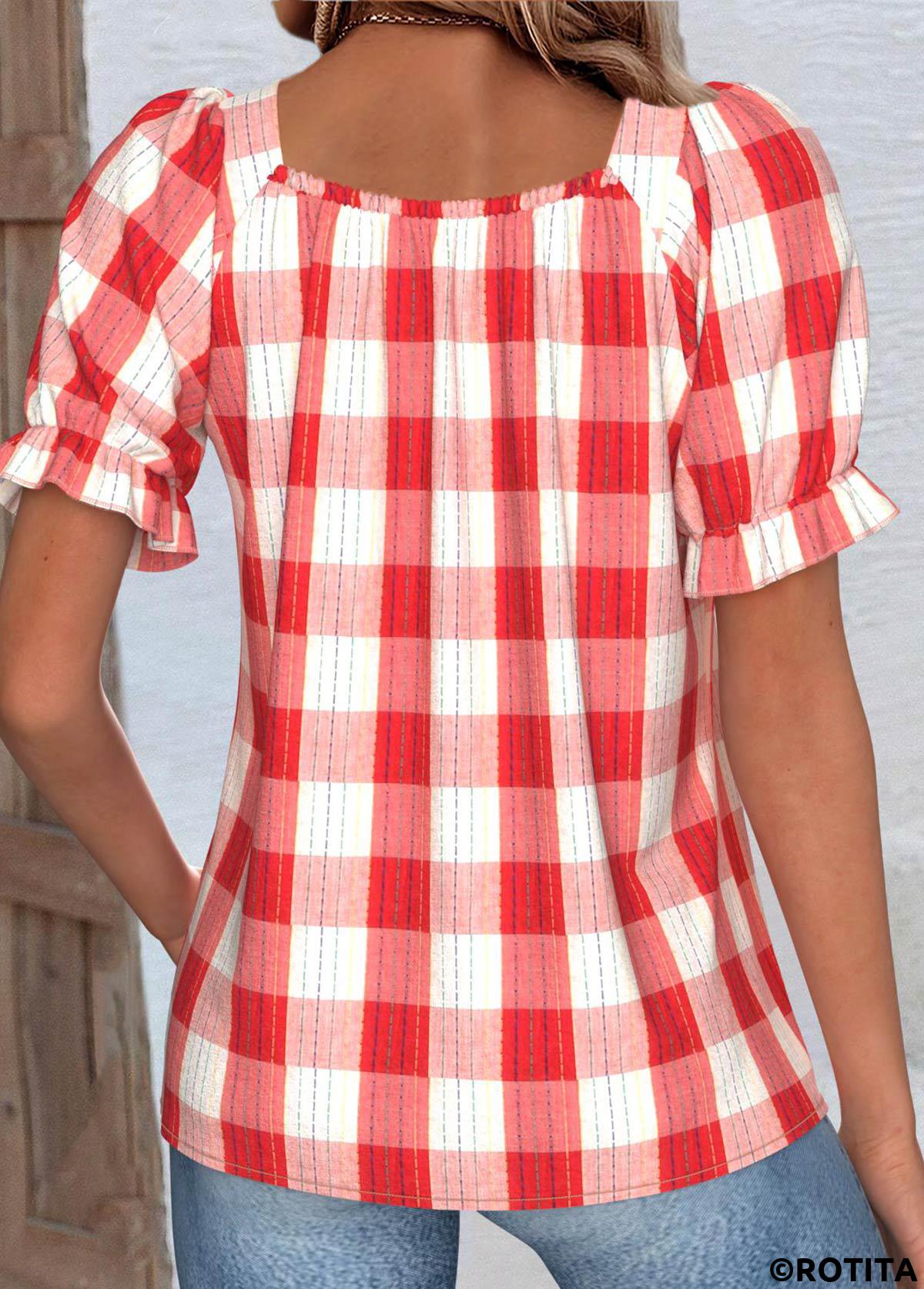 Red tops,Plaid tops,Geometric tops,ROTITA Plaid Red Square Neck Short Sleeve Blouse
