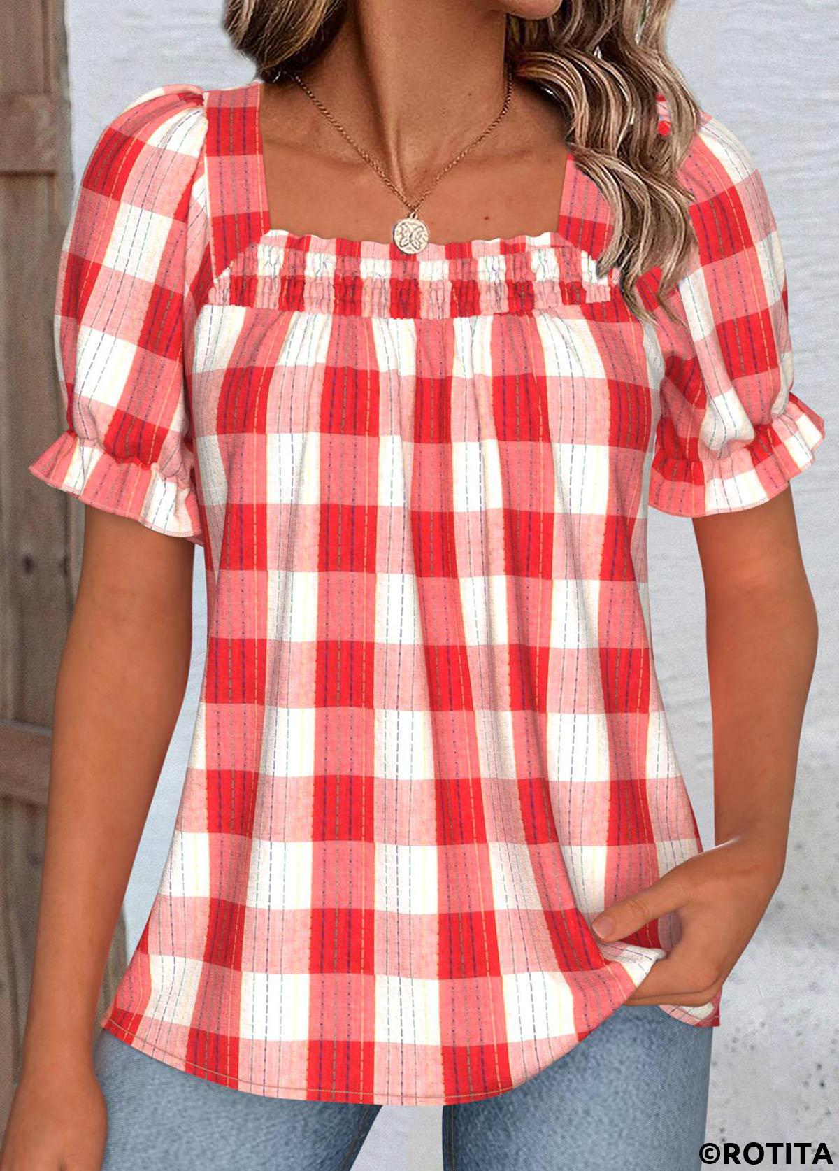 Red tops,Plaid tops,Geometric tops,ROTITA Plaid Red Square Neck Short Sleeve Blouse