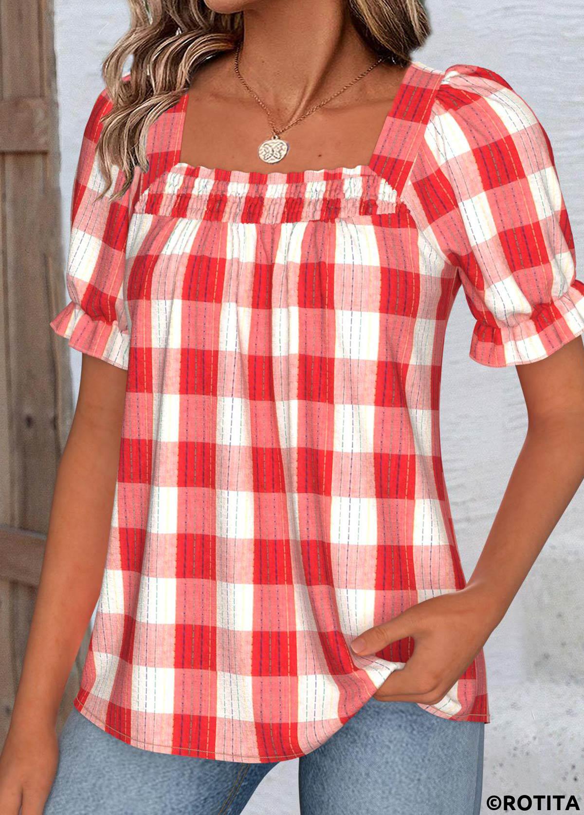 Red tops,Plaid tops,Geometric tops,ROTITA Plaid Red Square Neck Short Sleeve Blouse