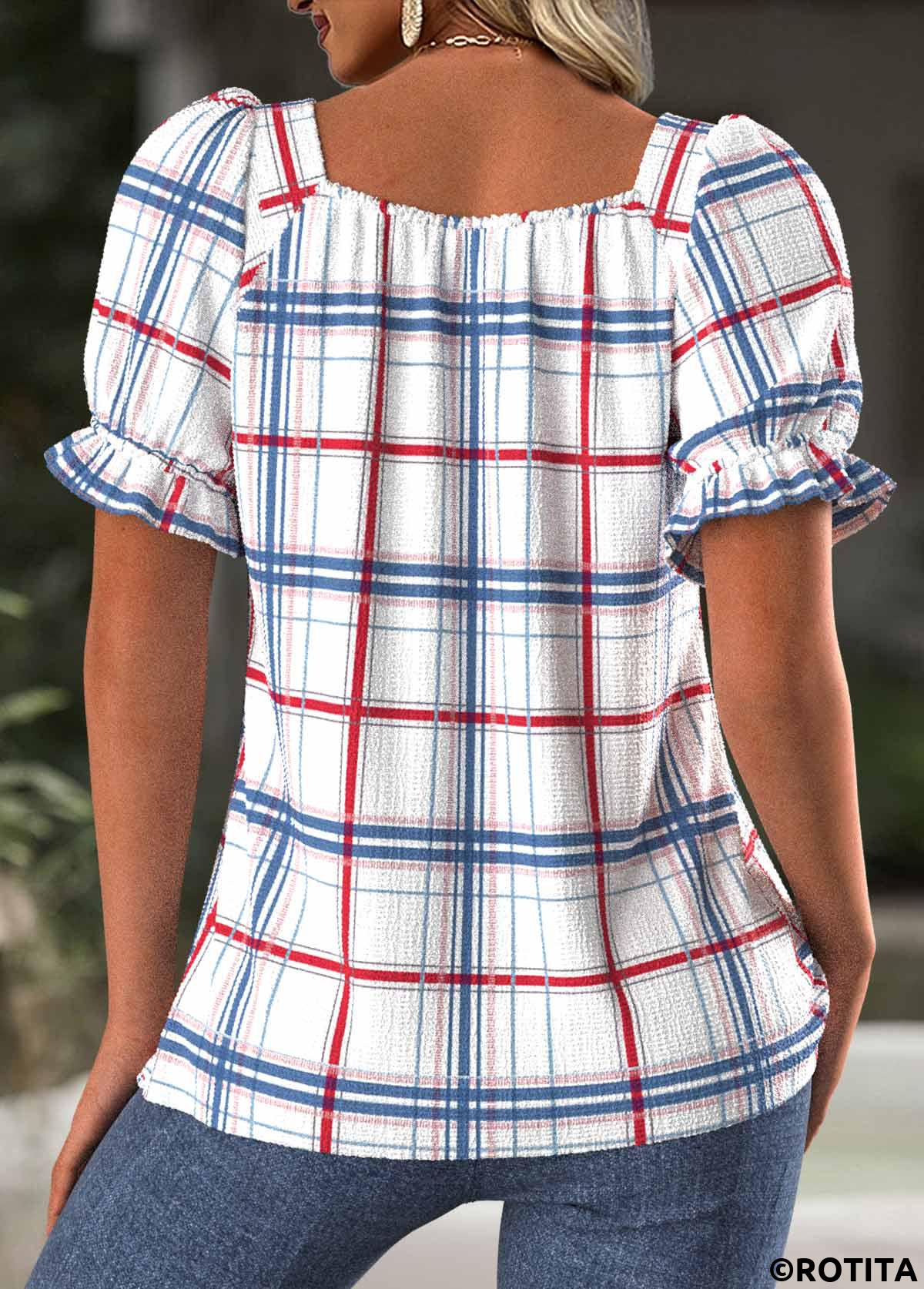 White tops,Plaid tops,Geometric tops,ROTITA Plaid White Square Neck Short Sleeve T Shirt