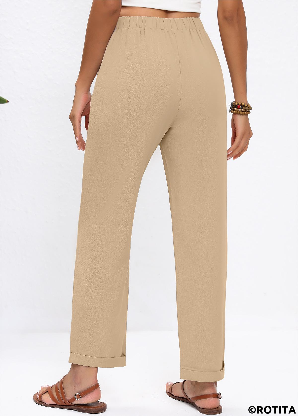 Light Camel bottoms,Plain Color bottoms,Light Camel High Waisted Straight Leg Elastic Waist Pants