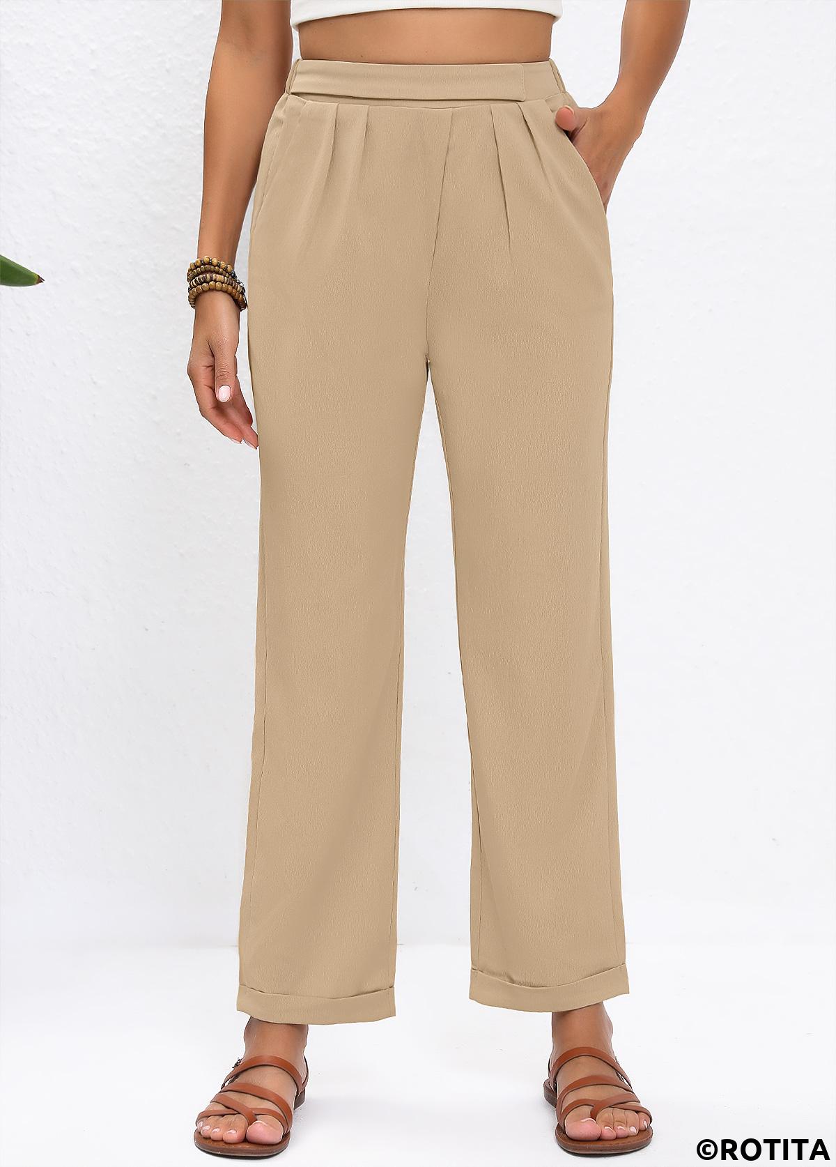 Light Camel bottoms,Plain Color bottoms,Light Camel High Waisted Straight Leg Elastic Waist Pants