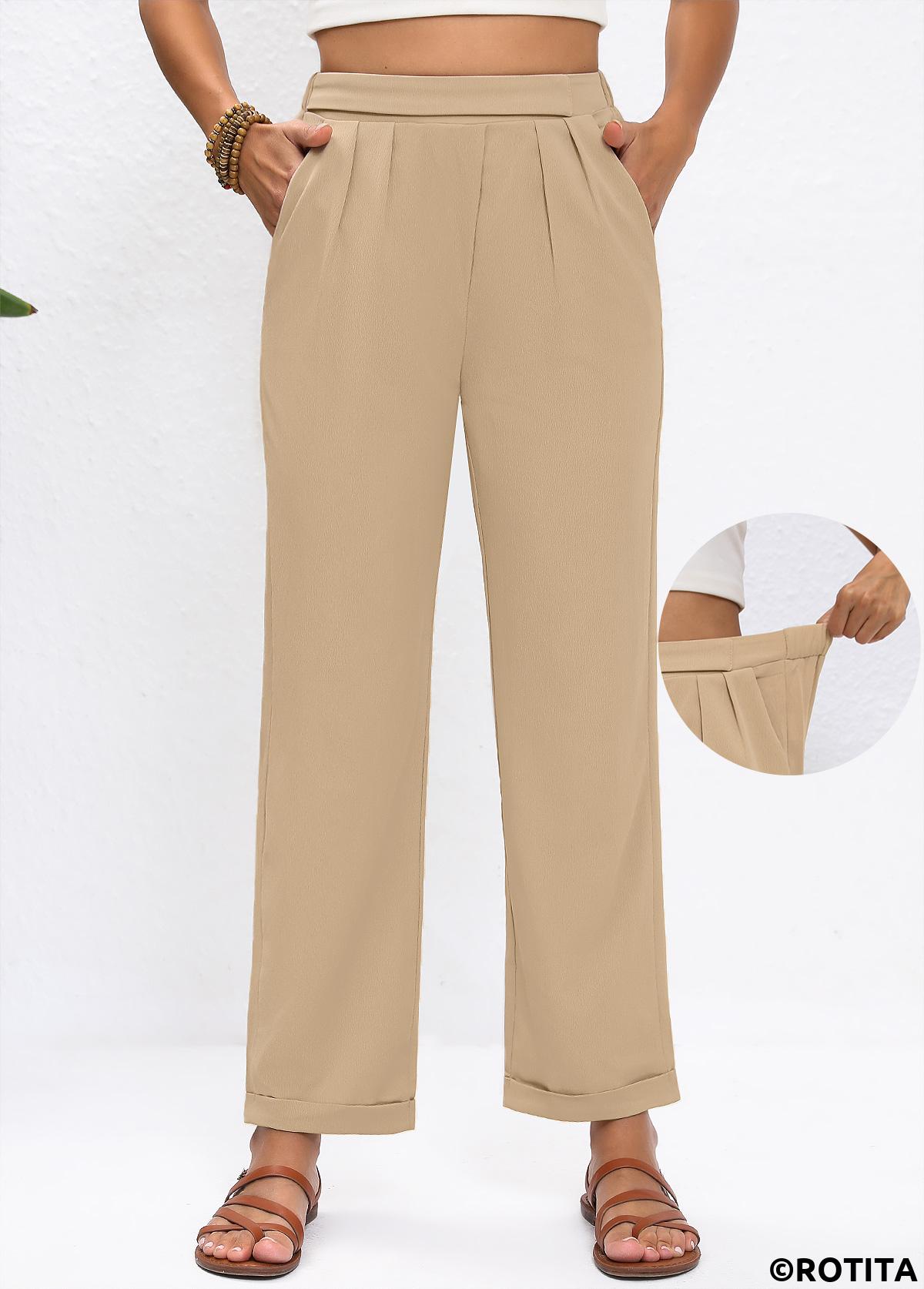 Light Camel bottoms,Plain Color bottoms,Light Camel High Waisted Straight Leg Elastic Waist Pants