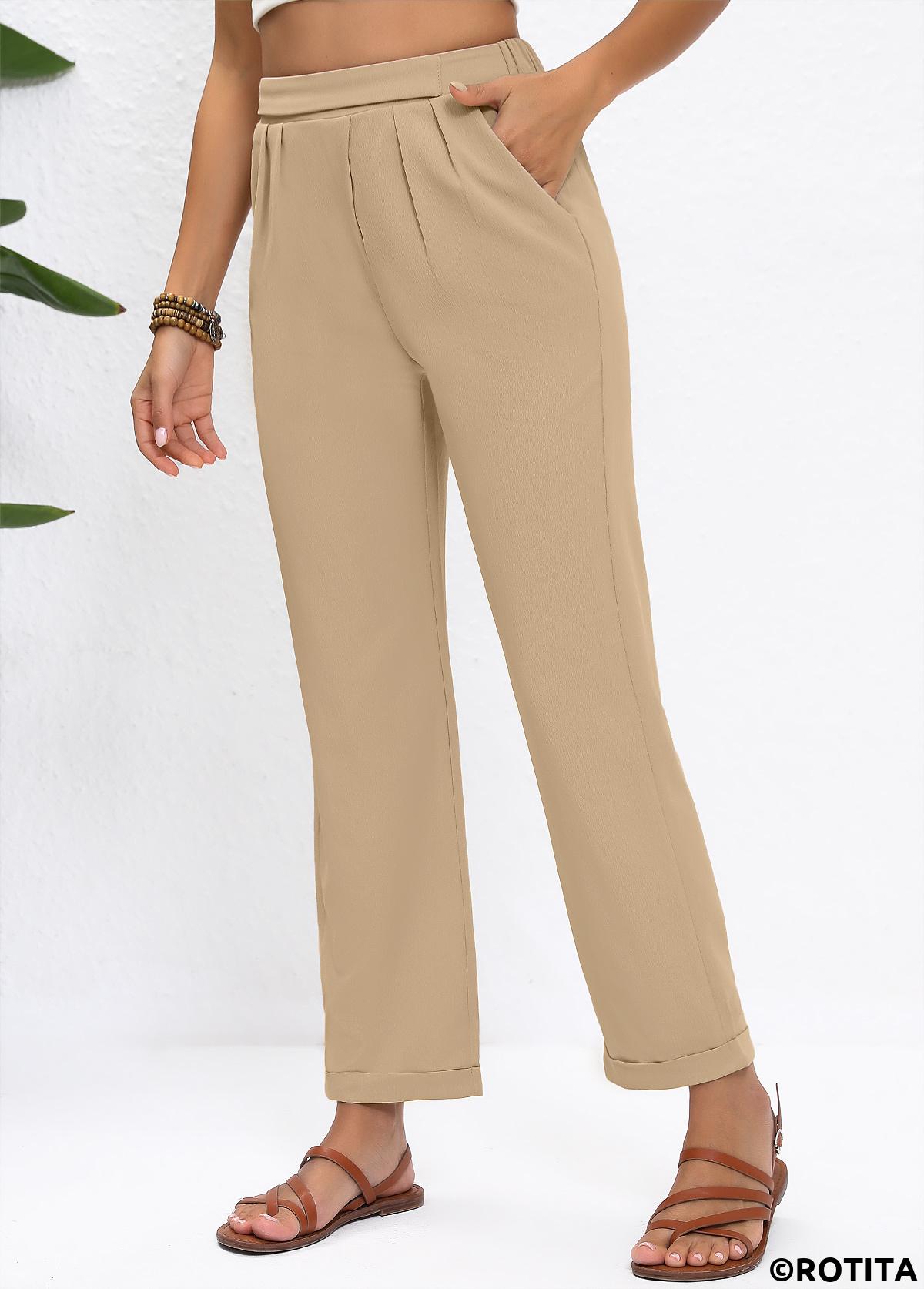Light Camel bottoms,Plain Color bottoms,Light Camel High Waisted Straight Leg Elastic Waist Pants