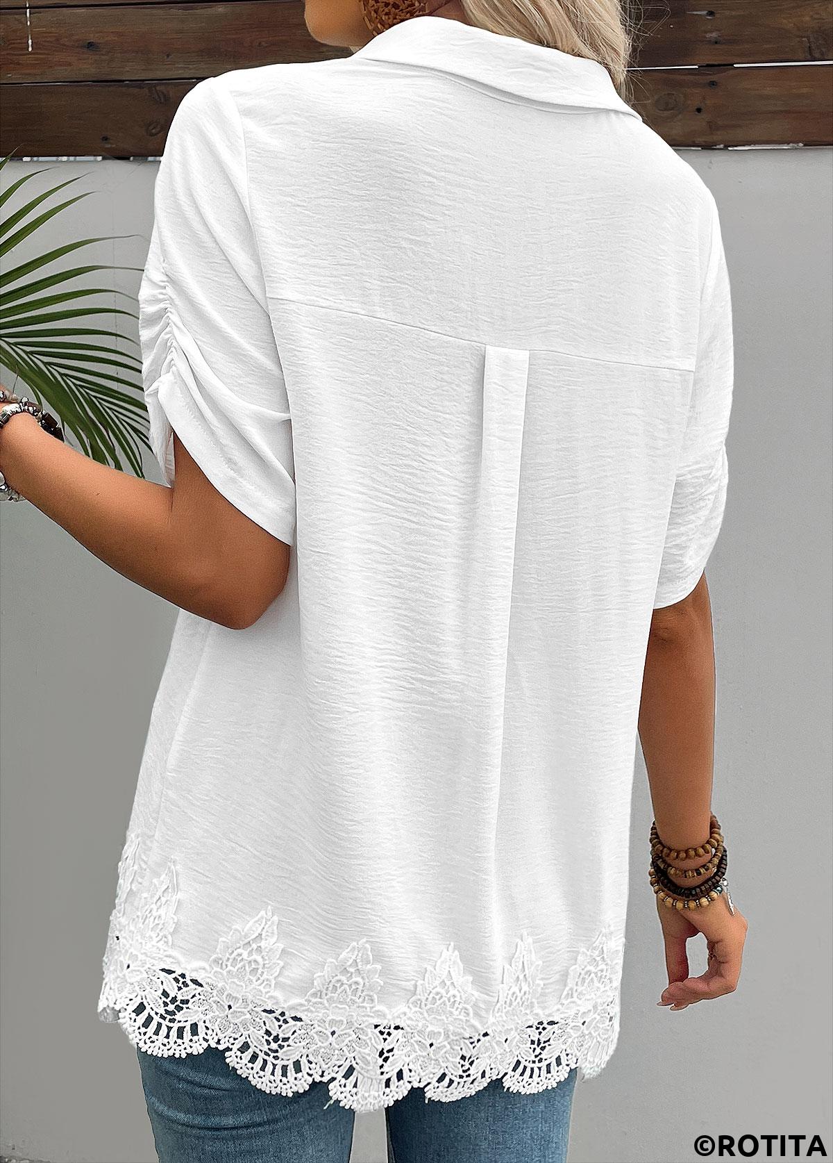 White tops,Plain Color tops,ROTITA White Shirt Collar Short Sleeve Blouse