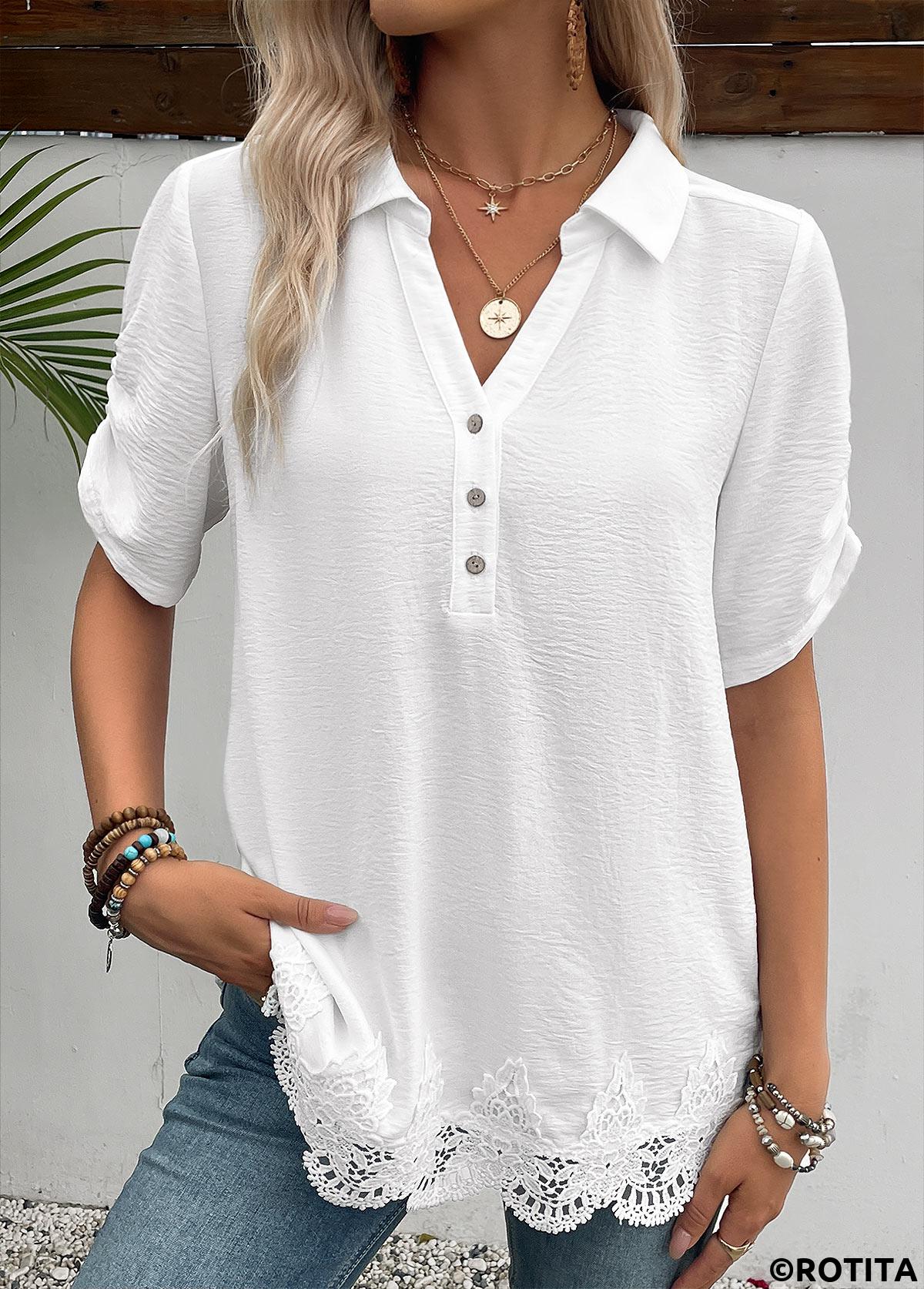 White tops,Plain Color tops,ROTITA White Shirt Collar Short Sleeve Blouse