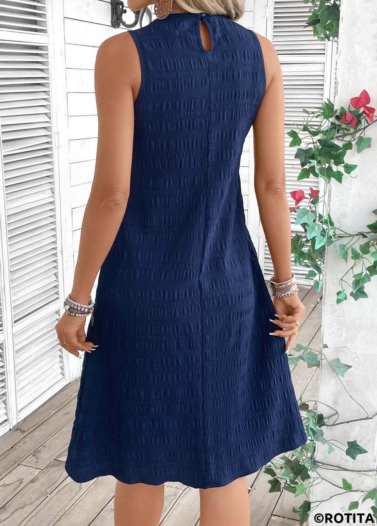 Navy dresses,Plain Color dresses,Everyday dresses,Casual dresses,ROTITA Navy A Line Round Neck Sleeveless Dress