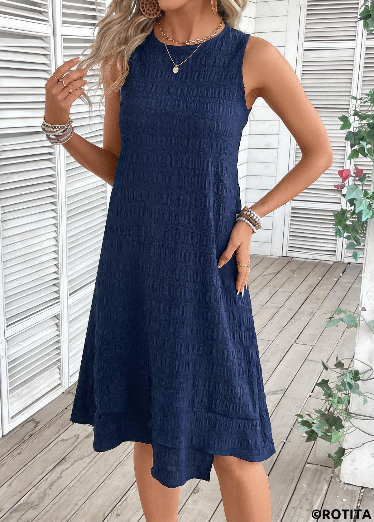 Navy dresses,Plain Color dresses,Everyday dresses,Casual dresses,ROTITA Navy A Line Round Neck Sleeveless Dress