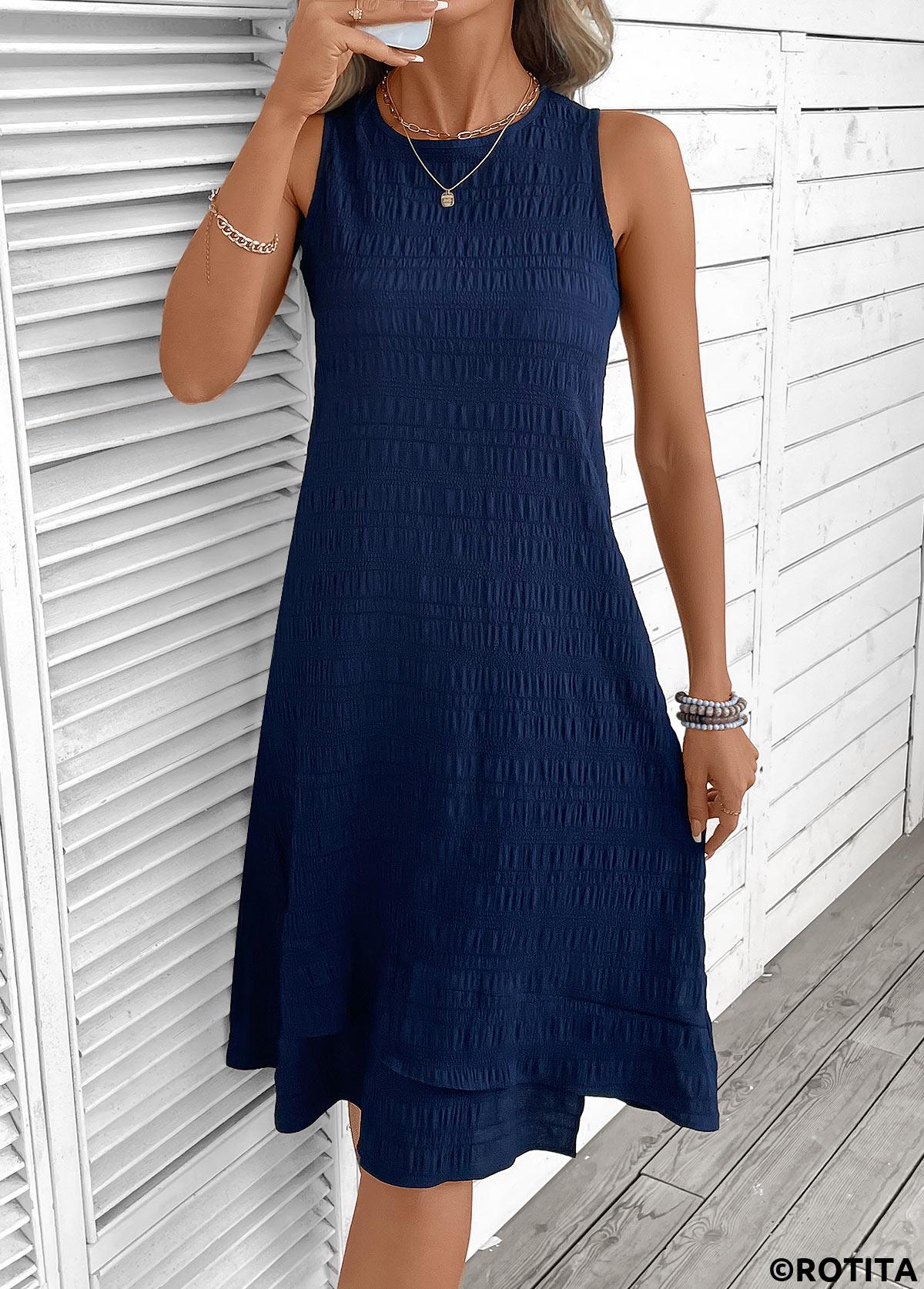 Navy dresses,Plain Color dresses,Everyday dresses,Casual dresses,ROTITA Navy A Line Round Neck Sleeveless Dress