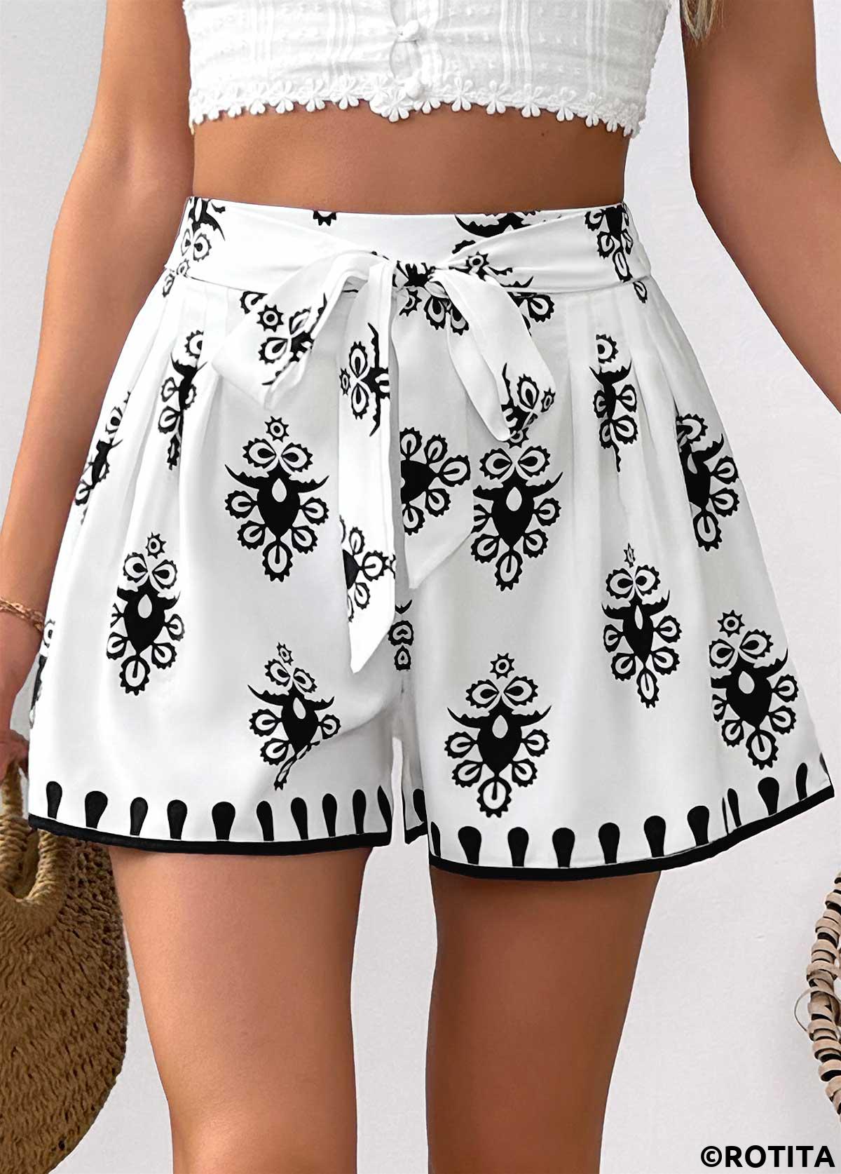 White bottoms,Tribal bottoms,Tribal Print White Wide Leg Elastic Waist Shorts