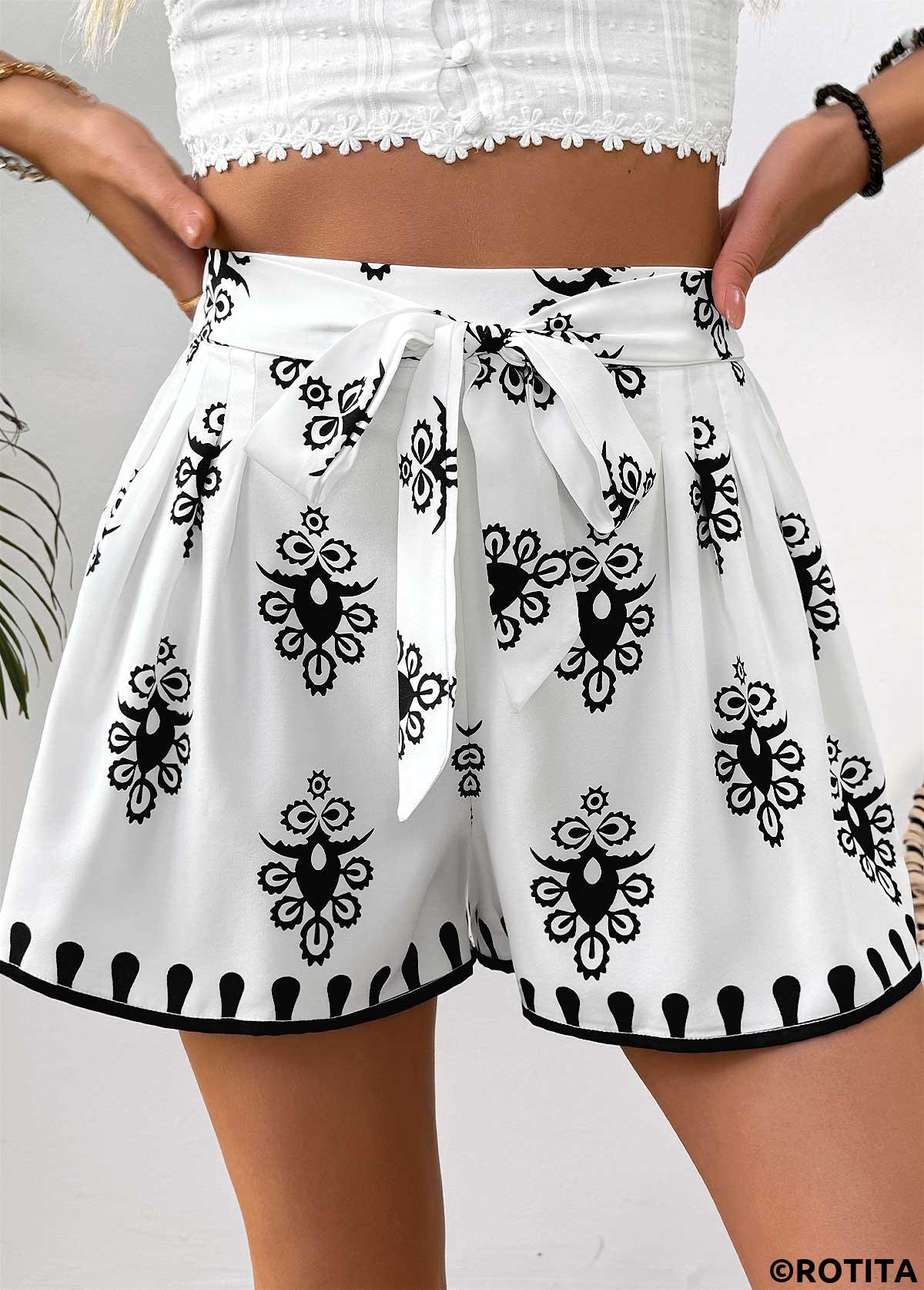 White bottoms,Tribal bottoms,Tribal Print White Wide Leg Elastic Waist Shorts
