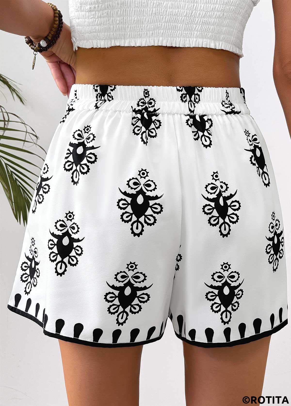 White bottoms,Tribal bottoms,Tribal Print White Wide Leg Elastic Waist Shorts
