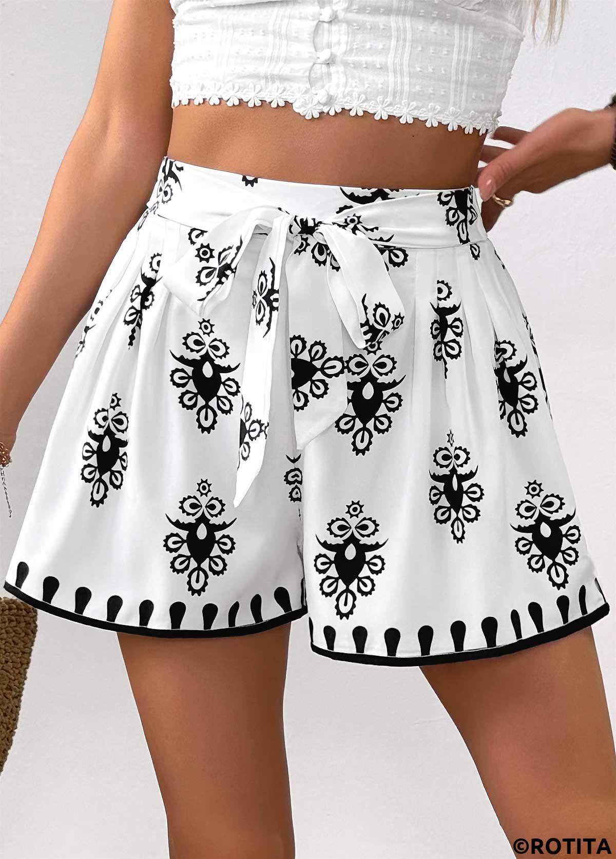 White bottoms,Tribal bottoms,Tribal Print White Wide Leg Elastic Waist Shorts