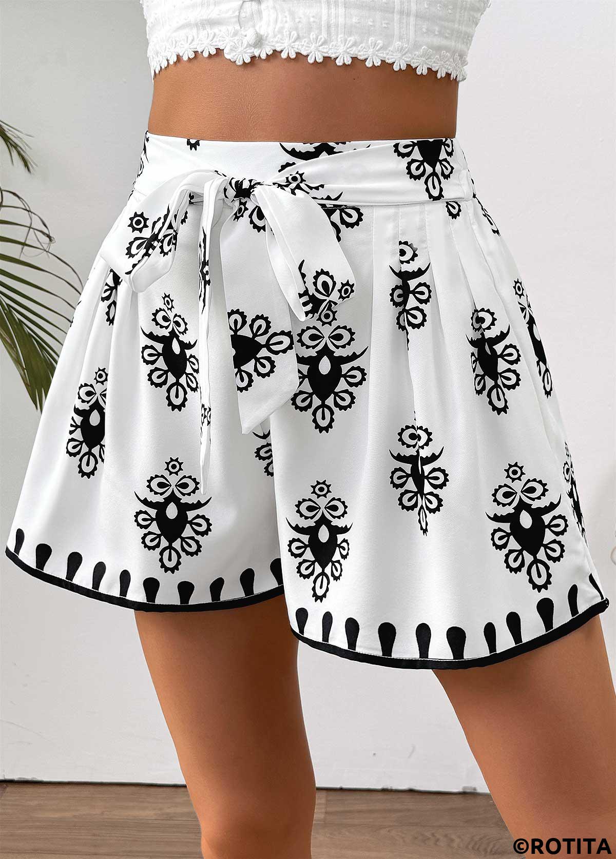 White bottoms,Tribal bottoms,Tribal Print White Wide Leg Elastic Waist Shorts