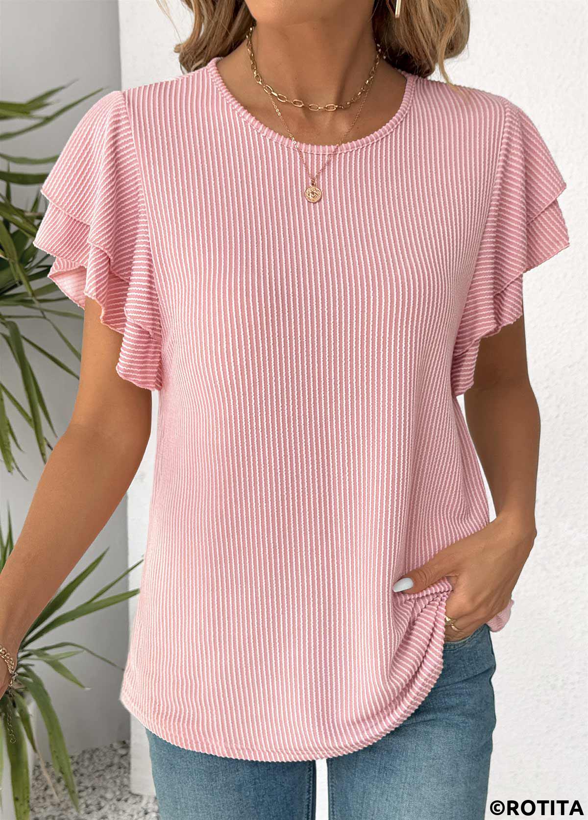 Light Pink tops,Plain Color tops,ROTITA Light Pink Round Neck Short Sleeve T Shirt