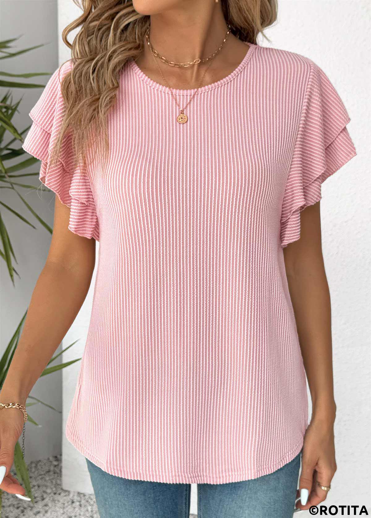 Light Pink tops,Plain Color tops,ROTITA Light Pink Round Neck Short Sleeve T Shirt