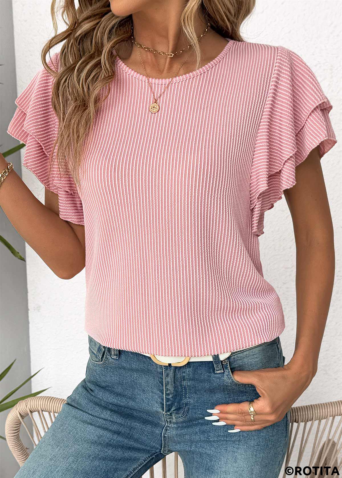 Light Pink tops,Plain Color tops,ROTITA Light Pink Round Neck Short Sleeve T Shirt